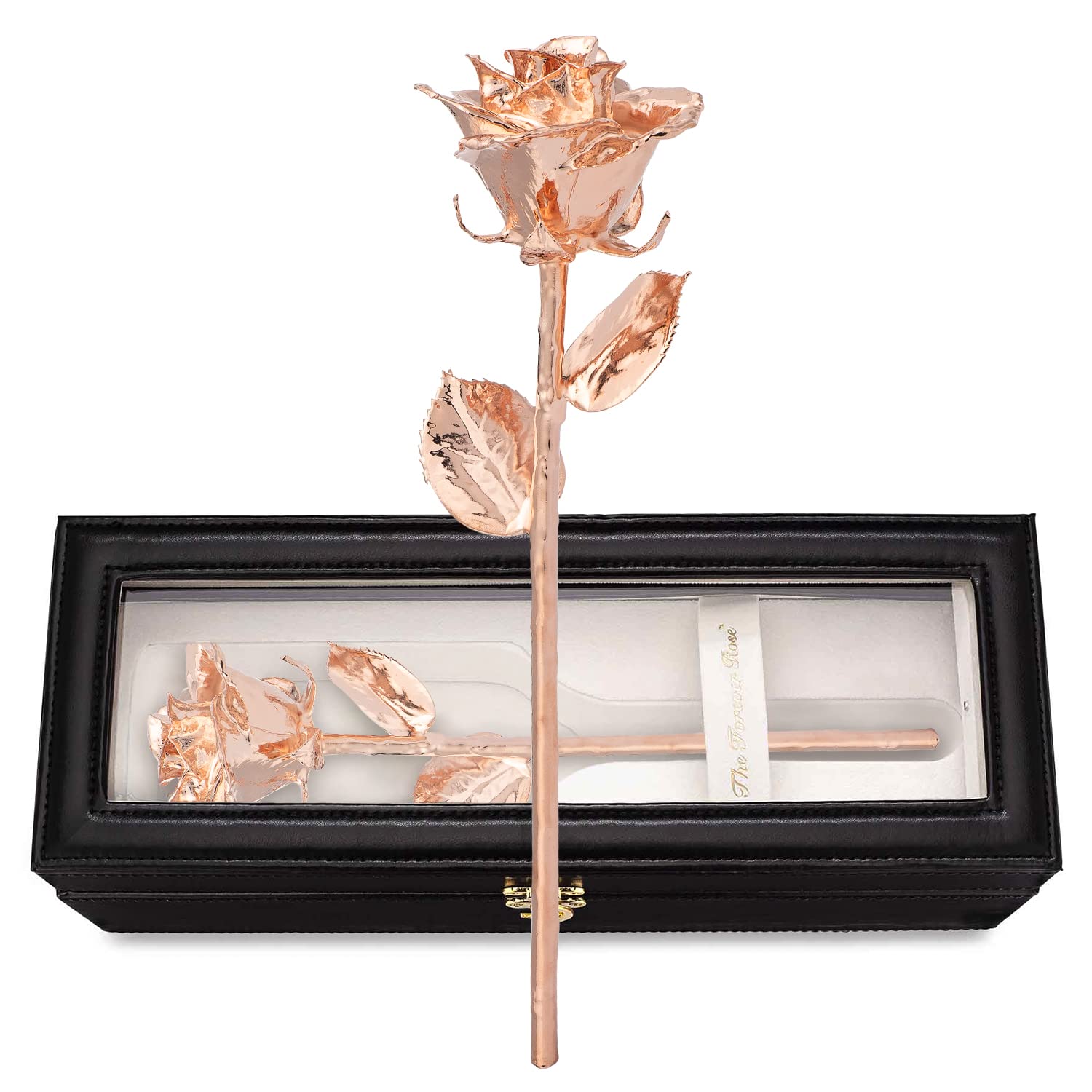 Forever Rose Leather Case Bundle - A Genuine, One Of A Kind, Real Rose Hand Dipped In Rose Gold With Beautiful Leather Case With