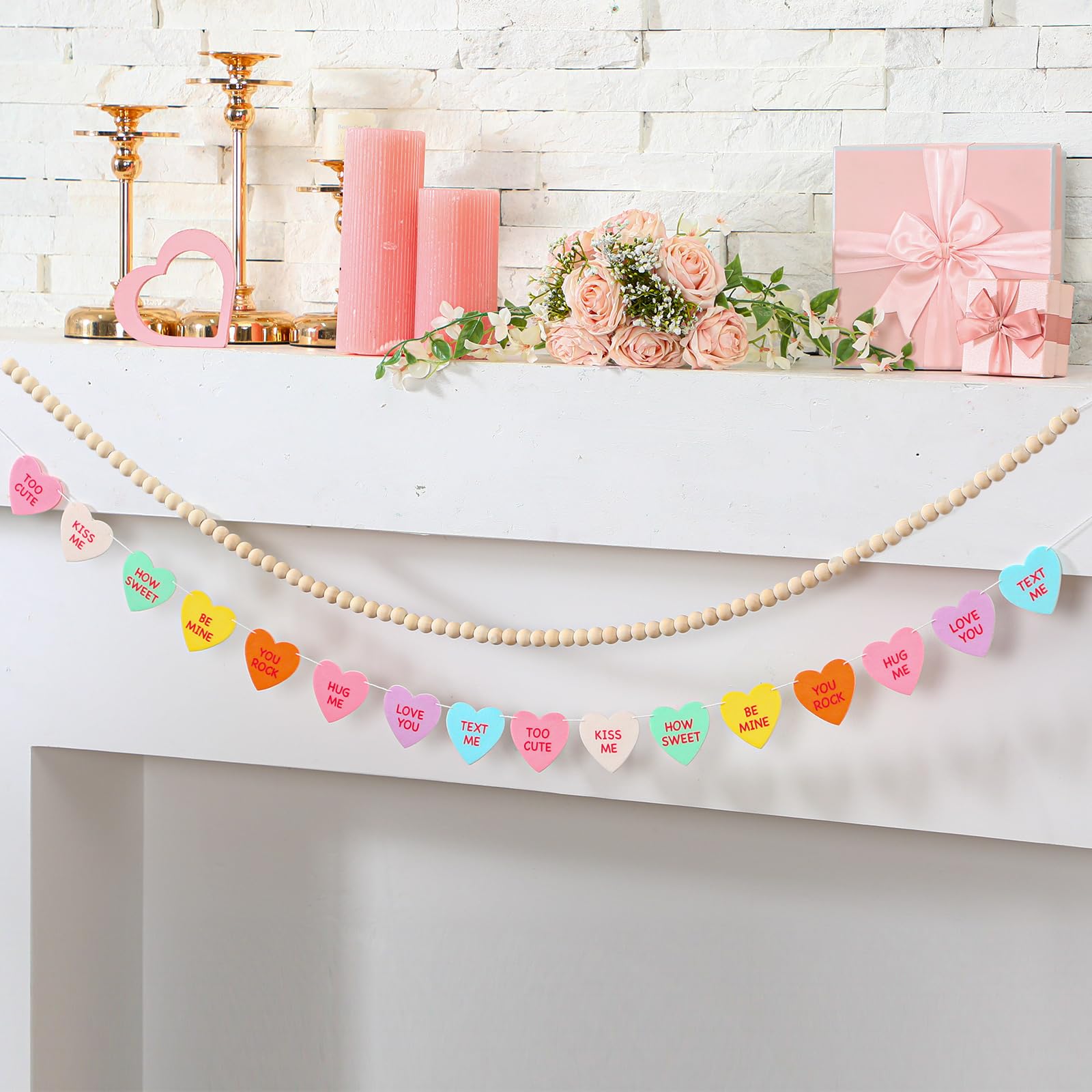 Hahafelt 2 Pcs Valentine's Day Garland Conversation Heart Banner Garland for Mantle Felt Valentines Candy Envelope Banner and Wo