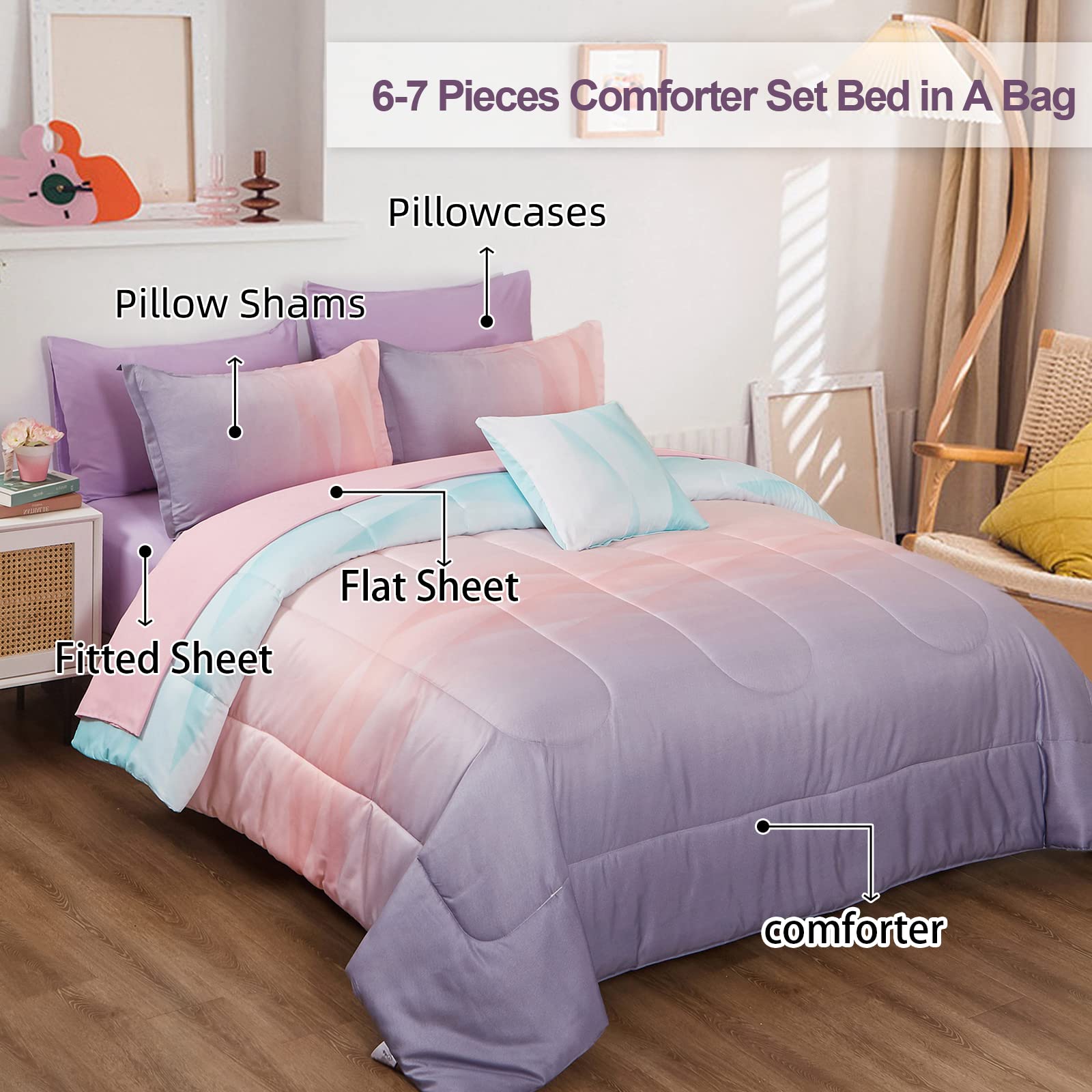 Girls Comforter Set Twin Size Colorful Ombre Blue Pink Purple Rainbow Bedding Set 6 Pieces Bed In A Bag For Kid Teen (1 Comforte