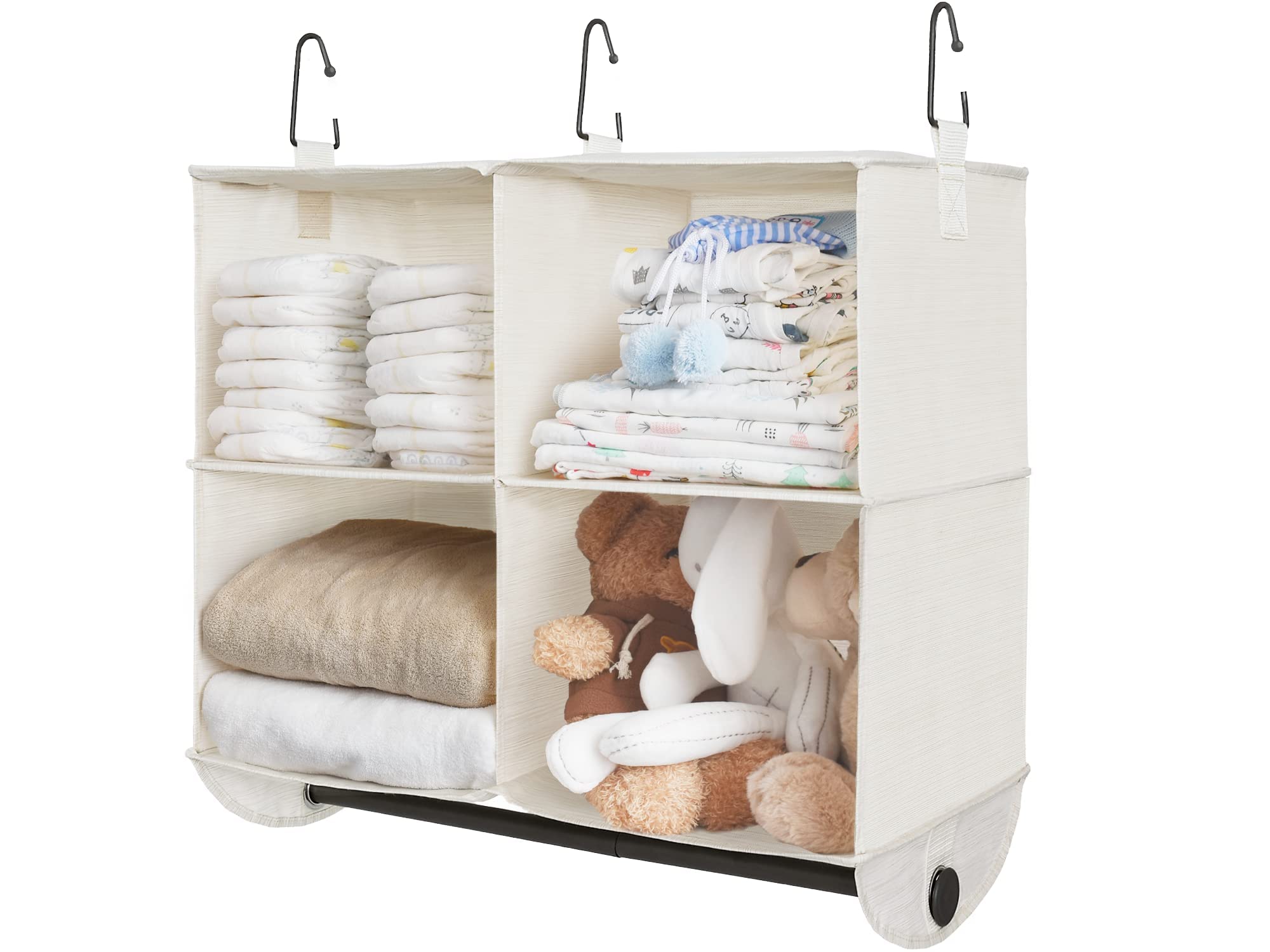 StorageWorks Hanging Closet Organizer with Garment Rod, 4 Section Closet Hanging Shelves, Hanging Clothes Cube Organizer, White 