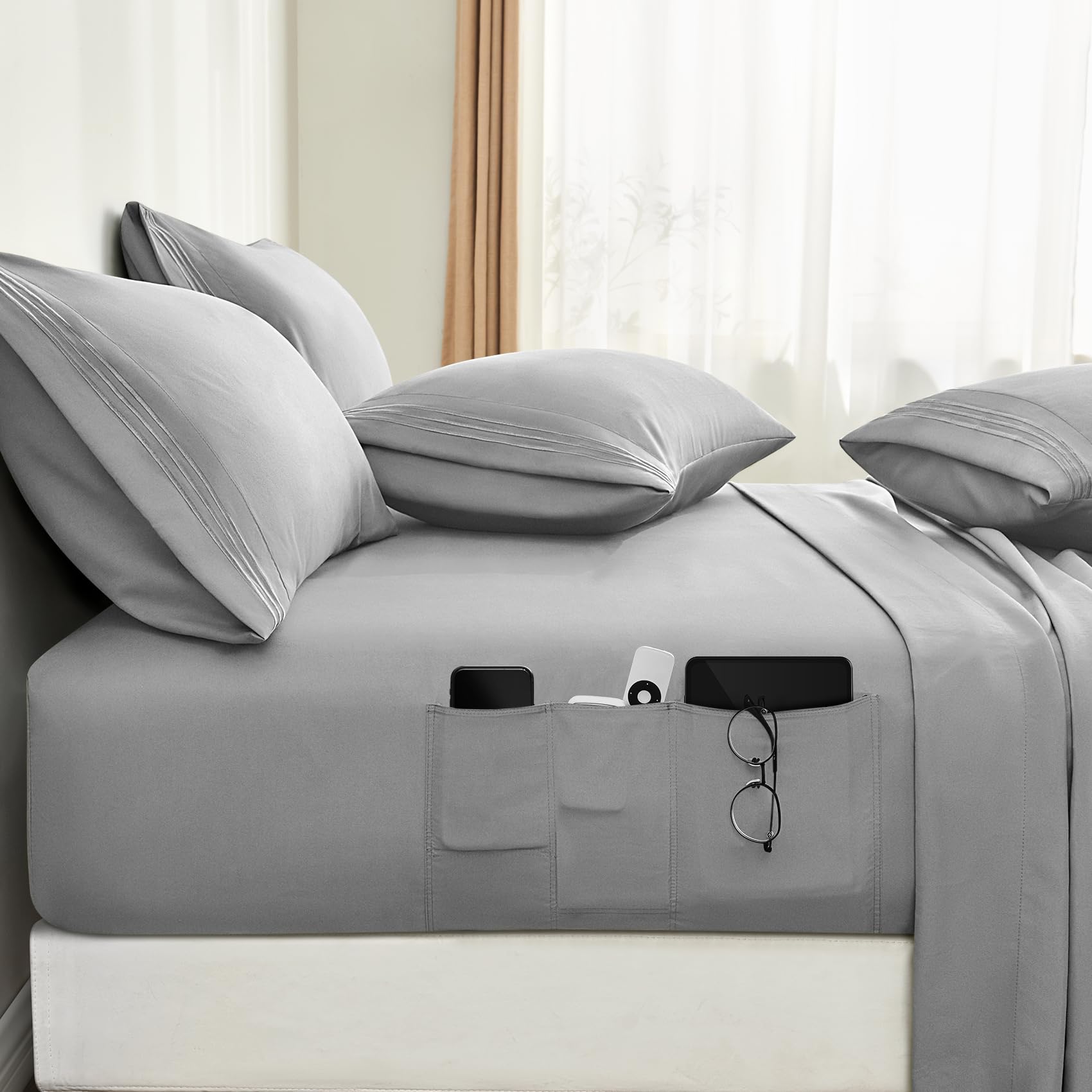 Bysure 6 Pieces Bed Sheets Set With Pockets On Side(King, Light Grey), Sweat-Wicking Breathable Sheets, 16-Inch Super Soft Hotel