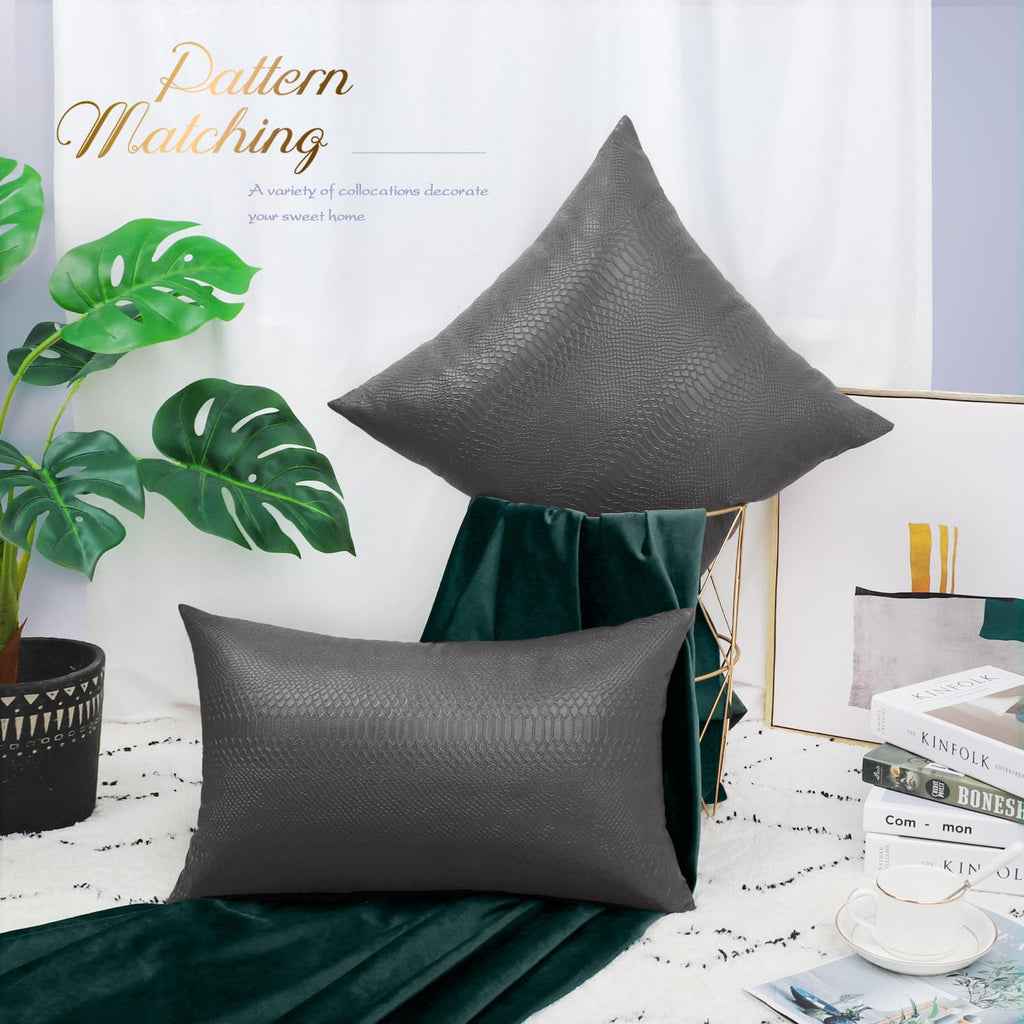 Brawarm Charcoal Gray Leather Throw Pillows 18 X 18 Inches, Snake Leather Pillow Covers Pack Of 2, Faux Leather Decorative Pillo