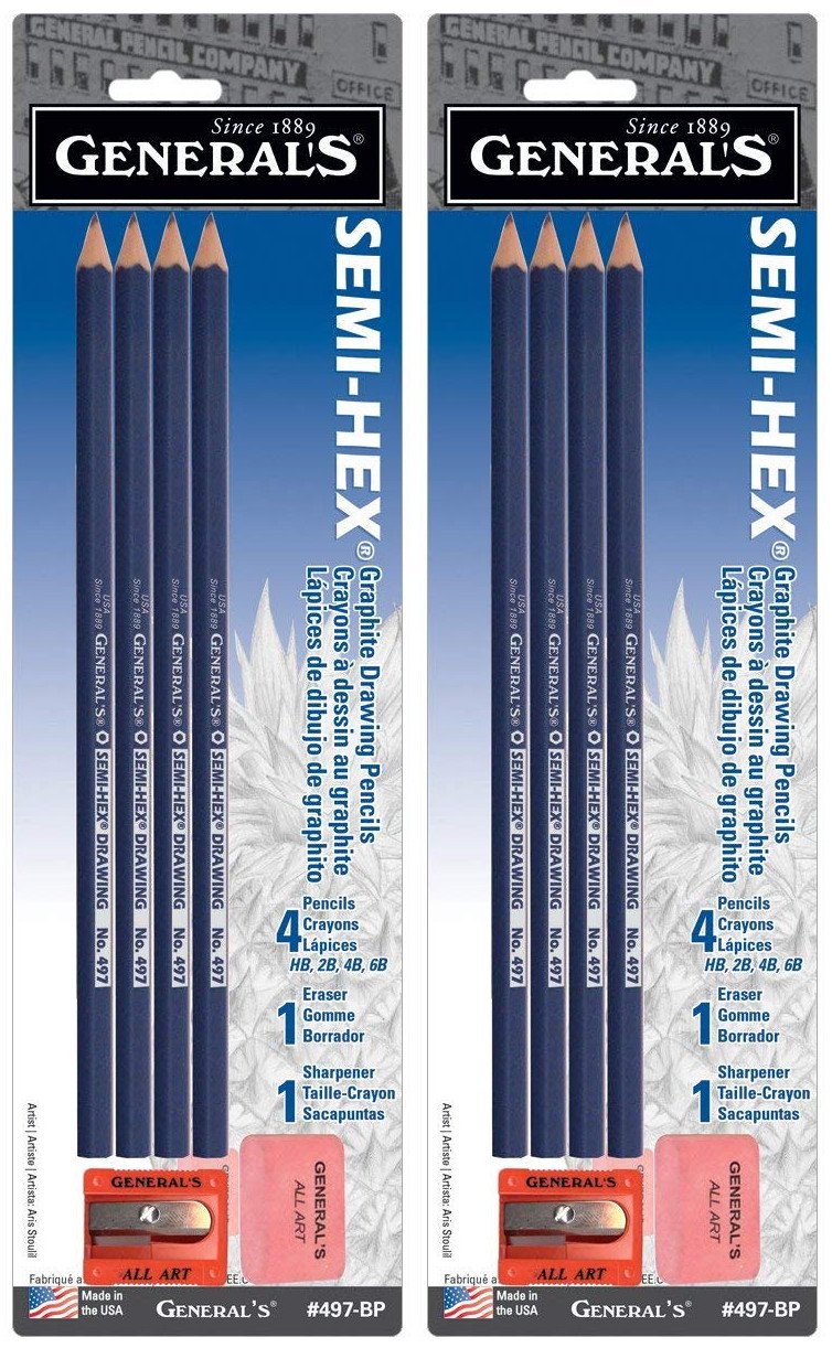 2-Pack - General Pencil 497Bp Semi-Hex Graphite Drawing Pencils 4/Pkg-Hb, 2B, 4B, 6B