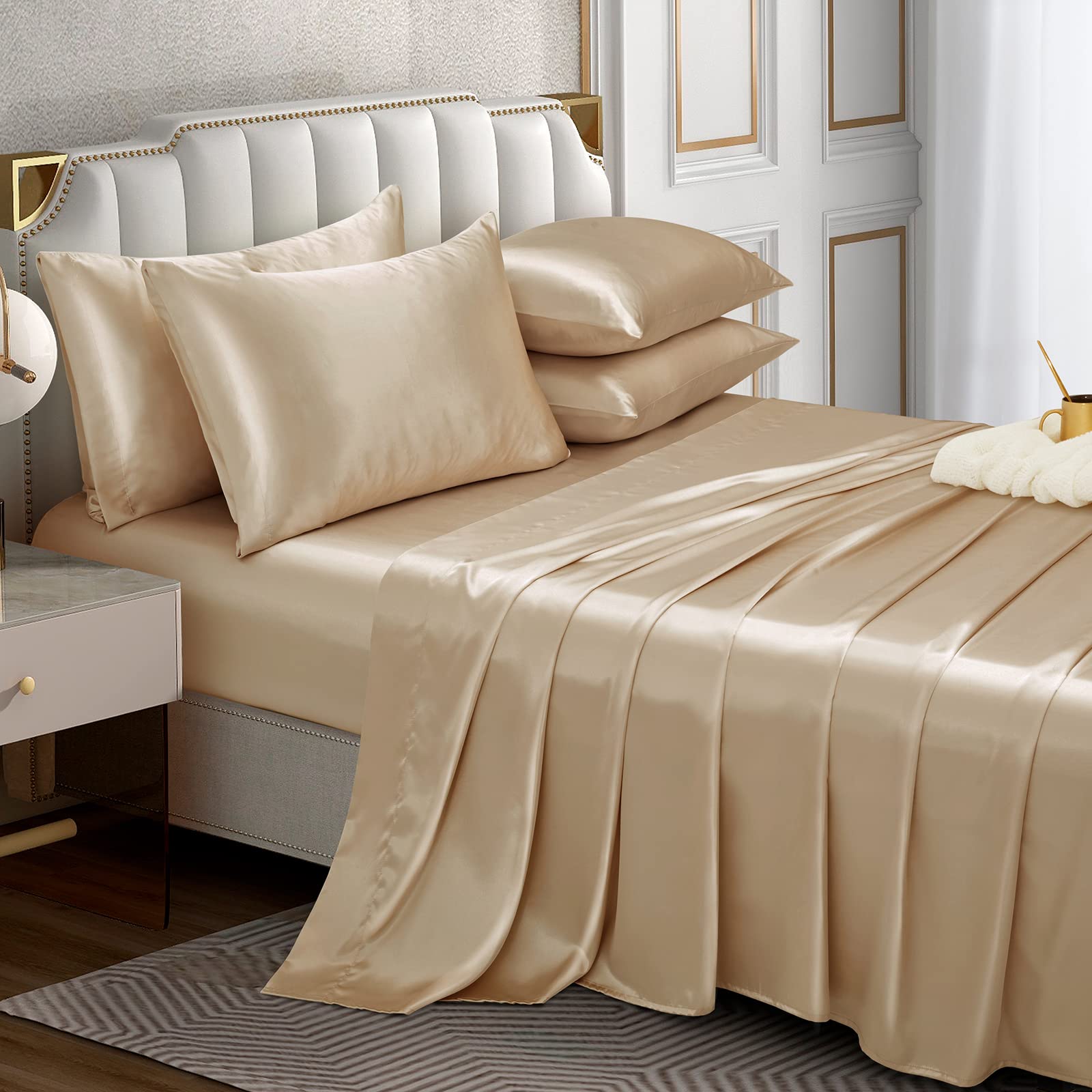 Horbaunal 6 Piece Satin Sheet Set Full Size Luxury Silky & Soft Beige Satin Full Bed Sheet Set With 16' Deep Pocket, 1 Fitted S