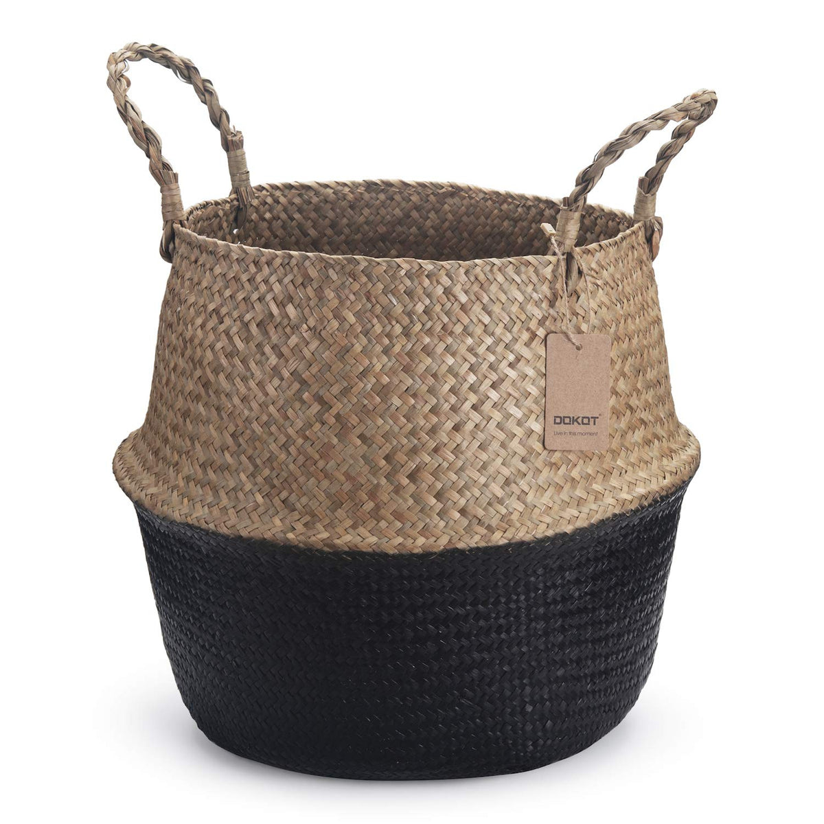 DOKOT Seagrass Belly Basket with Handles Natural Woven Planter Baskets for Indoor Plants Storage Laundry (Black 8 inch D x 9 inc