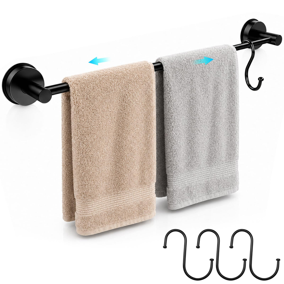 Adjustable Suction Cup Towel Bar  Towel Racks for Bathroom, 13.625 Inch, Stainless Steel Bathroom Towel Holder with 4 S Hooks,
