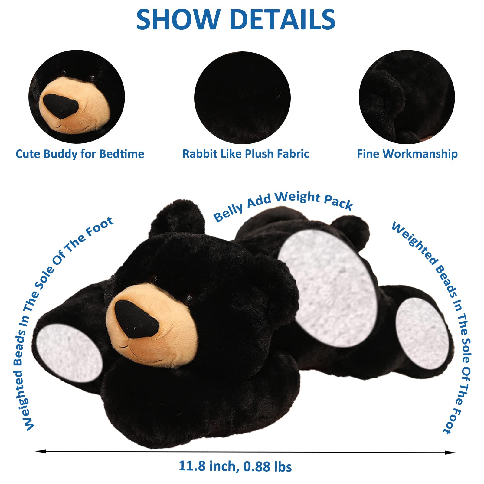 Ronivia Weighted Stuffed Animals, Weighted Bear Stuffed Animal Toy Cute Black Bear Plush Pillow Weighted Plush Animals Toy, 11.8