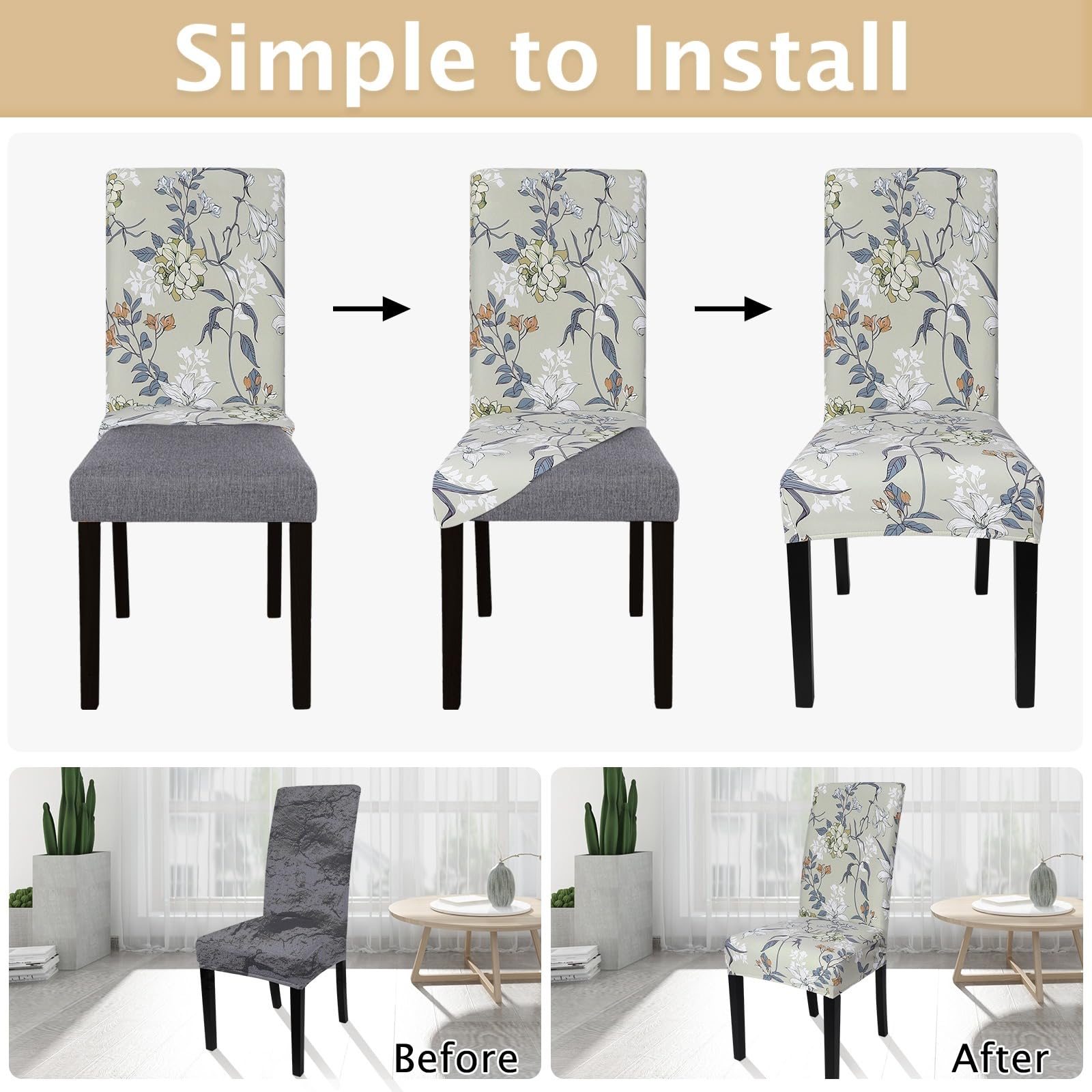 Searchi Printed Dining Room Chair Covers Set Of 6, Stretch Kitchen Chair Covers Washable Parsons Chair Slipcover Removable Dining Chair Protectors For Hotel,Ceremony(Floral Pattern4)