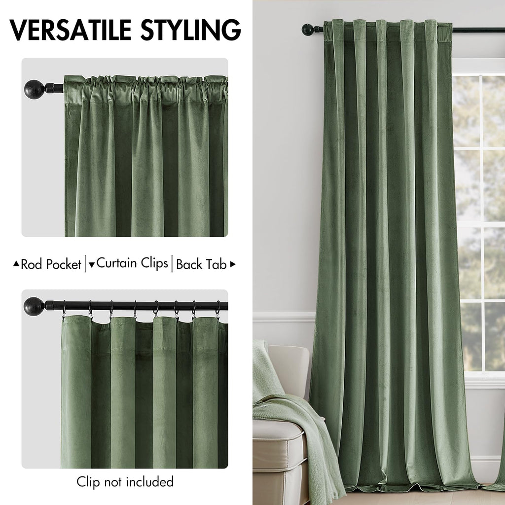 Miulee Sage Green Velvet Curtains 96 Inches Long - Luxury Blackout Curtains For Bedroom Living Room Thermal Insulated Super Soft Window Drapes Back Tab Rod Pocket, W52 X L96 Inches, 2 Panels