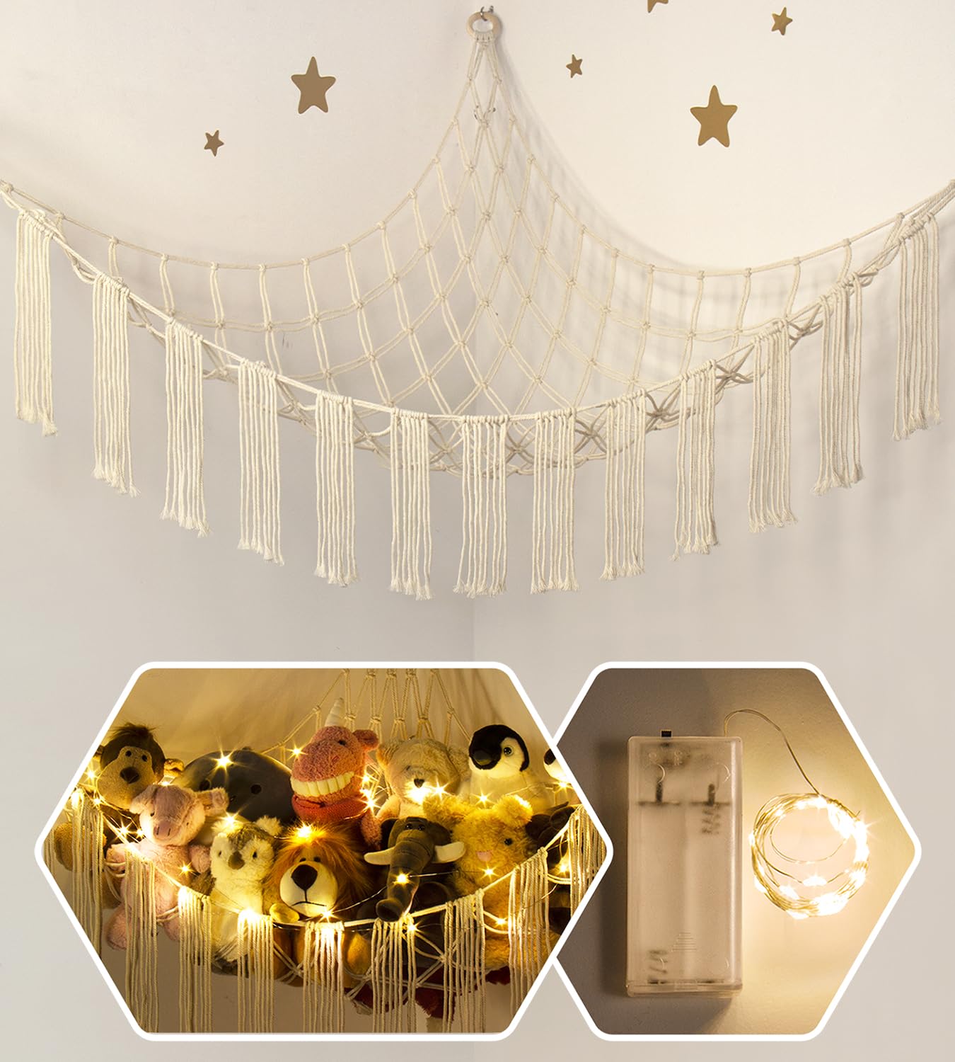 Stuffed Animal Hammock Corner With Led Light - Toy Storage Hammock Plushie Net Large - Cute Stuff Animals Holder Hanging Organiz