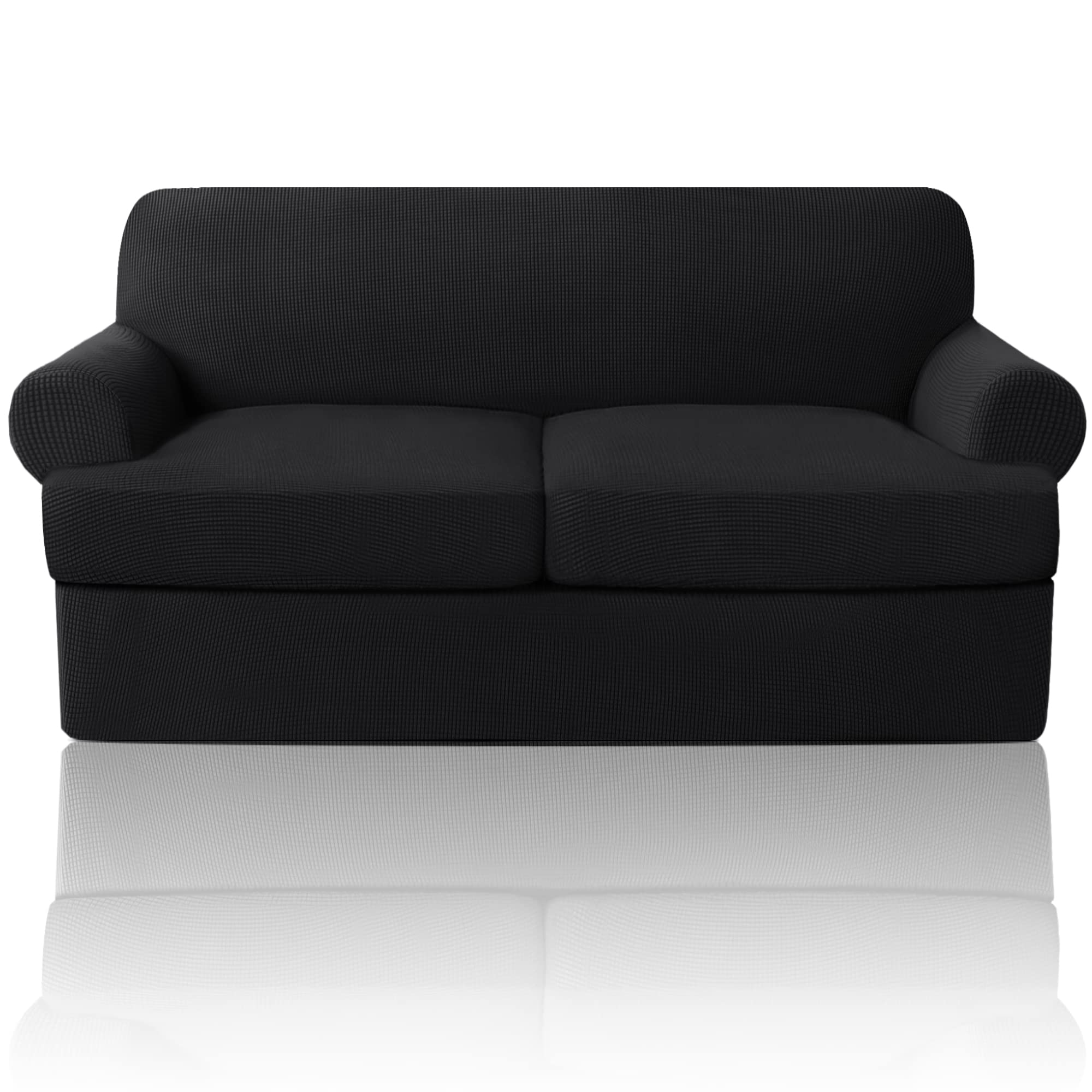 Princedeco T Cushion Loveseat Slipcover 3 Pieces Sofa Covers For T Cushion Sofa Stretch Sofa Covers For 2 Cushion Couch With 2 Individual T Cushion Shape Seat Covers Machine Washable, Black