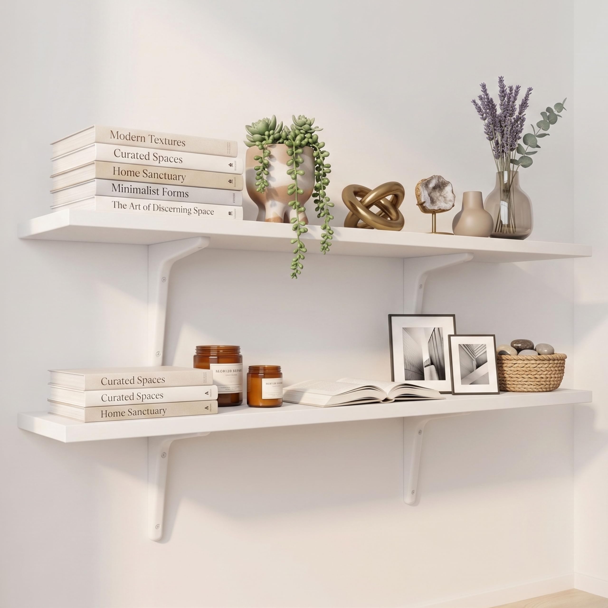 Wooden Wall Floating Shelf with Heavy Support Brackets | Compact Storage Rack for Home & Office (White, Set of 2) (36 X 7)