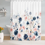 Bivinar Navy Blue And Pink Floral Shower Curtain, Watercolor Flowers Bathroom Shower Curtain, Waterproof Fabric Shower Curtain W