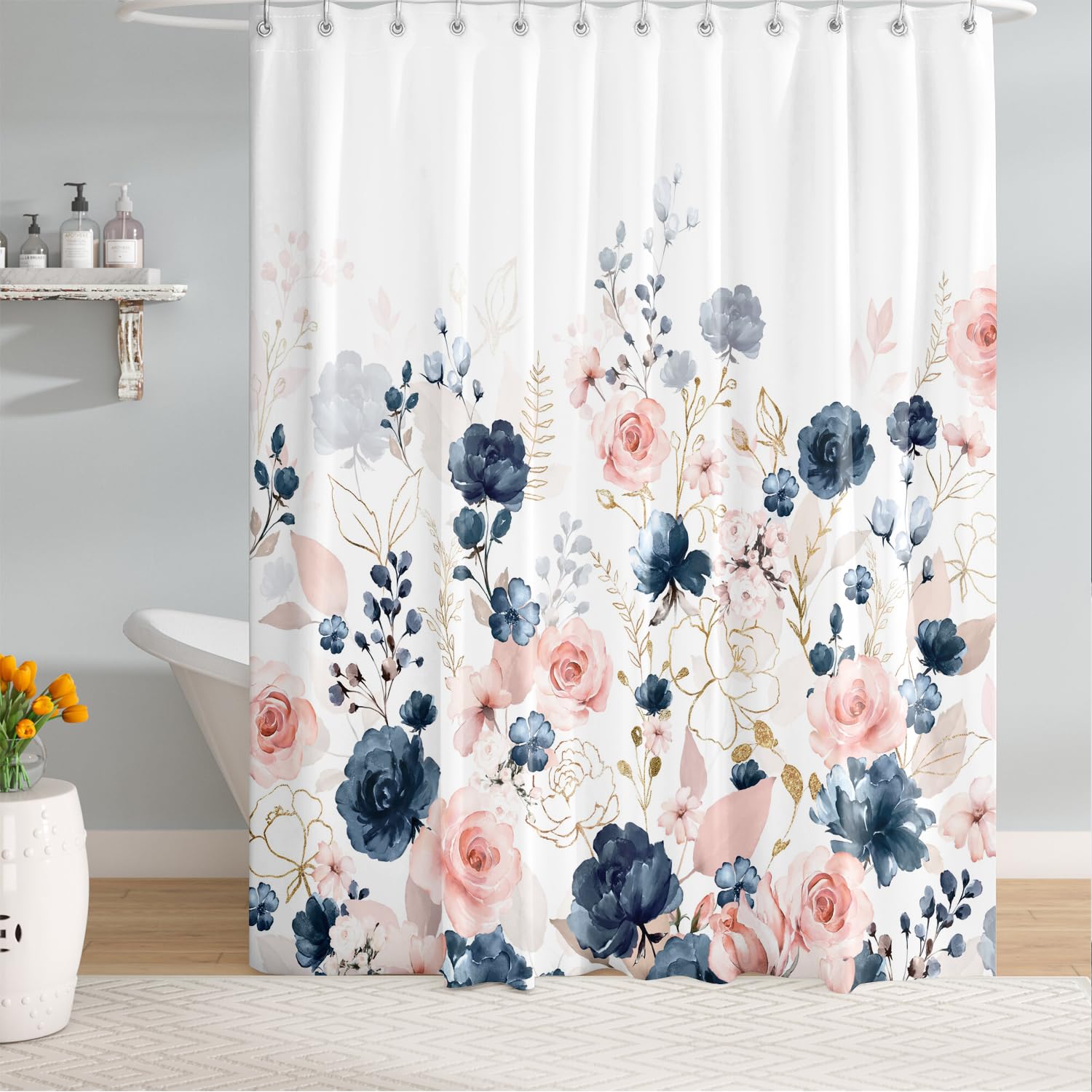 Bivinar Navy Blue And Pink Floral Shower Curtain, Watercolor Flowers Bathroom Shower Curtain, Waterproof Fabric Shower Curtain W