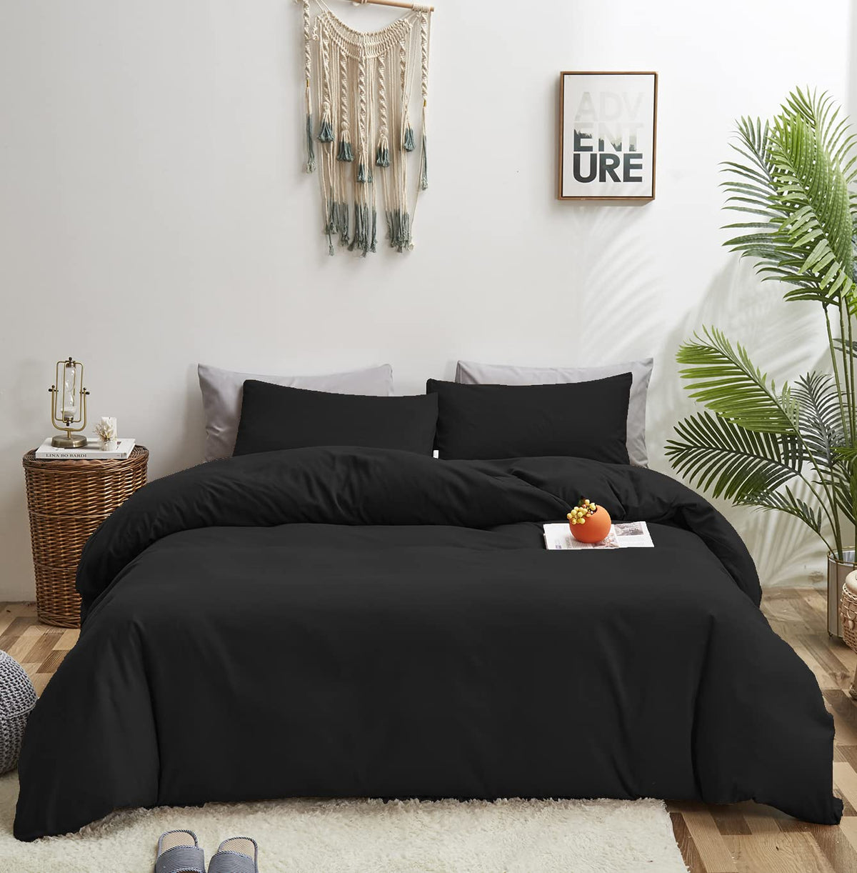 KAREVER Black Comforter King Plain Black Bedding Set Pure Black Bedding Soft Durable Comforter Set Men Lightweight Solid Black B