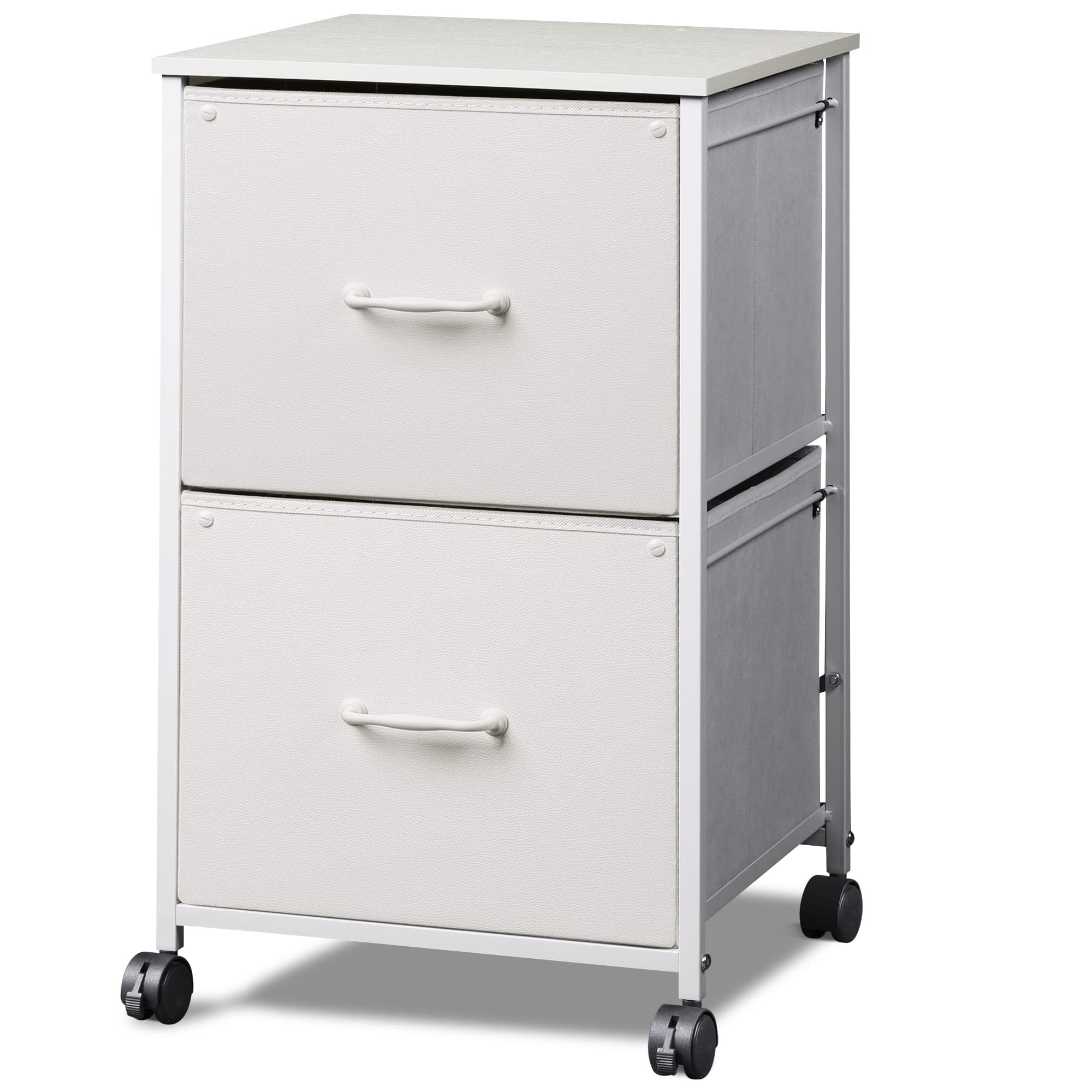 Devaise 2 Drawer Mobile File Cabinet, Rolling Printer Stand With Open Storage Shelf, Fabric Vertical Filing Cabinet Fits A4 Or Letter Size For Home Office, White