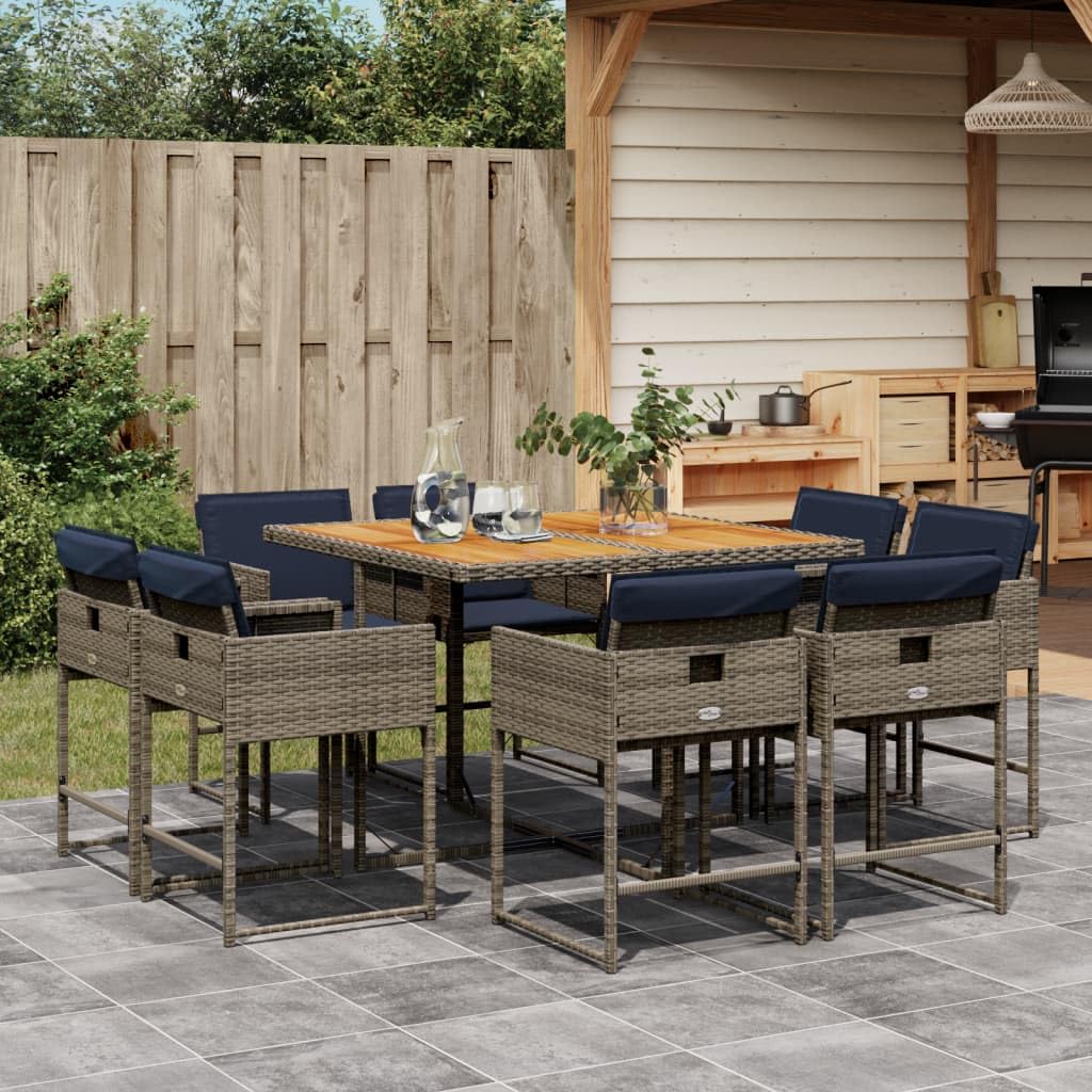vidaXL Patio Dining Set with Cushions - Outdoor Furniture 9 Piece Gray Poly Rattan - Rectangular Table with Acacia Wood Top - Foldable Chairs for Compact Storage - UV & Weather Resistant