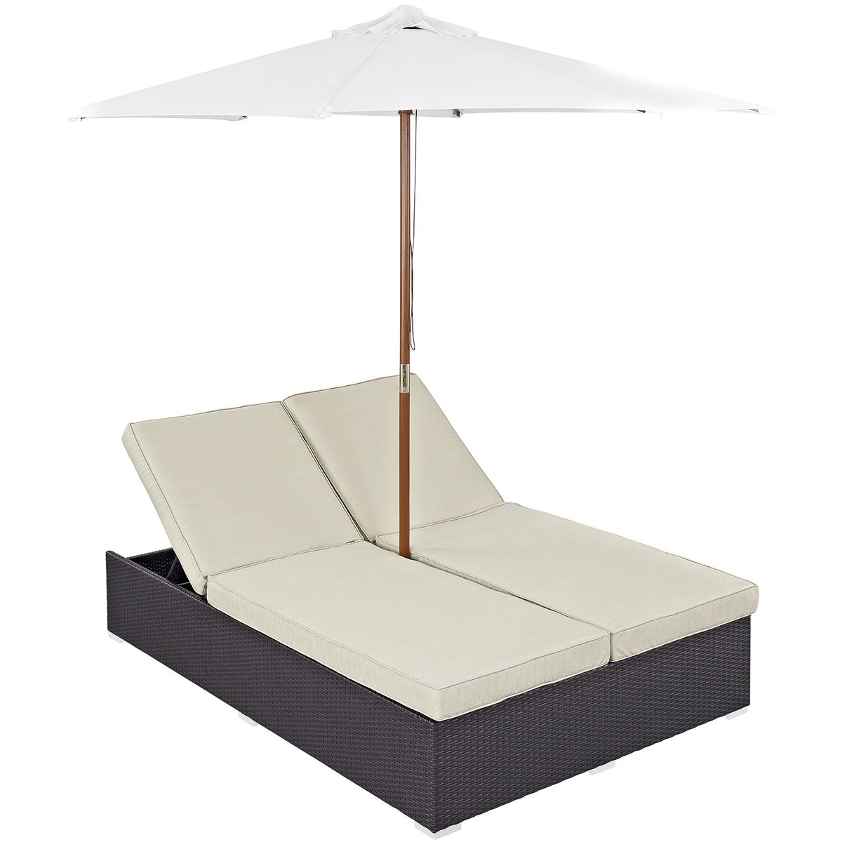 Modway Arrival Outdoor Wicker Rattan Patio Dual Chaise Lounges With Espresso Red Sun Shade