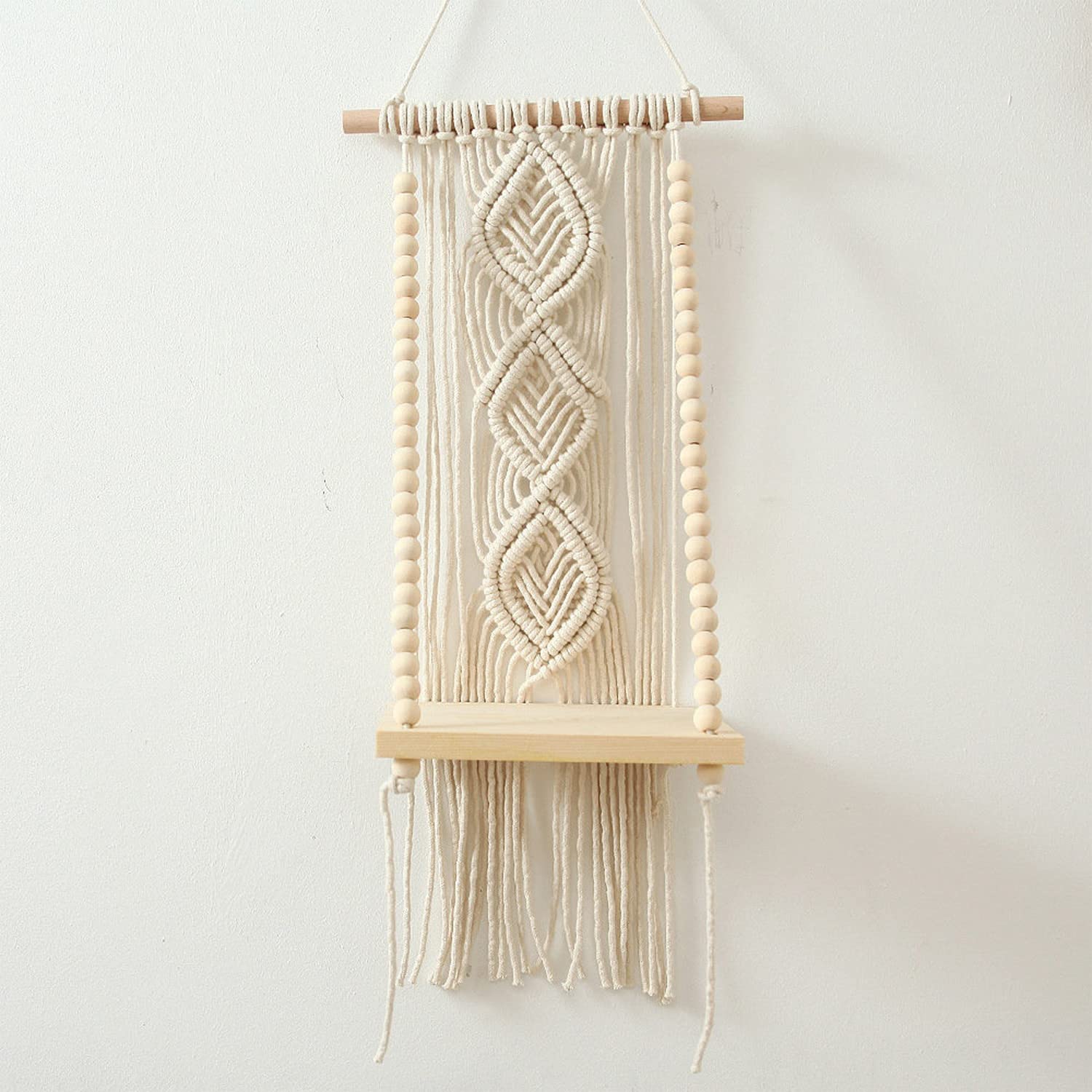 Kaahira Unique Design Boho Handmade Macrame Decorative Wooden Wall Mounted Hanging Home Decors Storage Floating Shelf For Books 