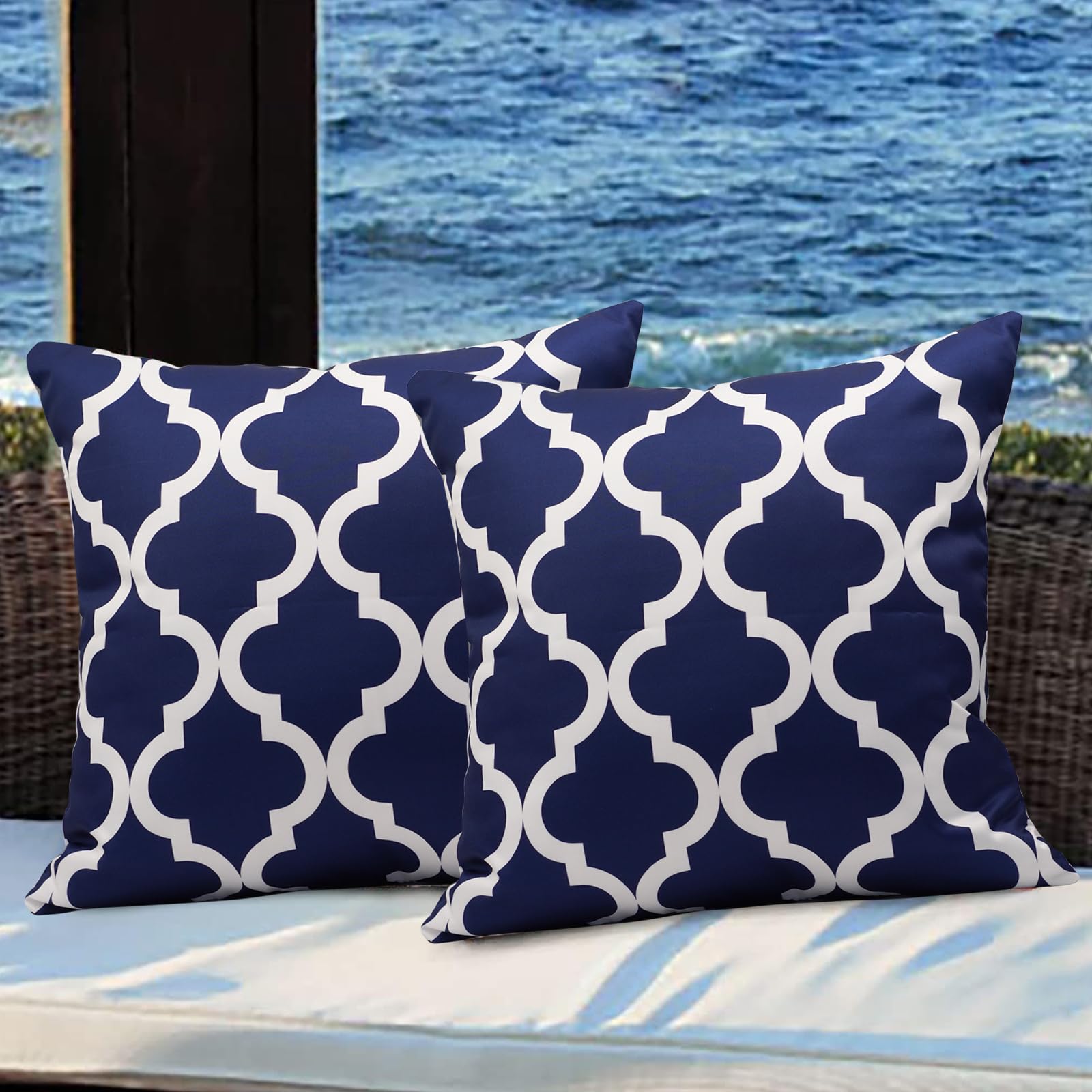 Virexen Pack Of 2 Outdoor Waterproof Throw Pillow Covers 18X18 Navy Blue And White Throw Pillow Covers Outdoor Pillows Covers Fo