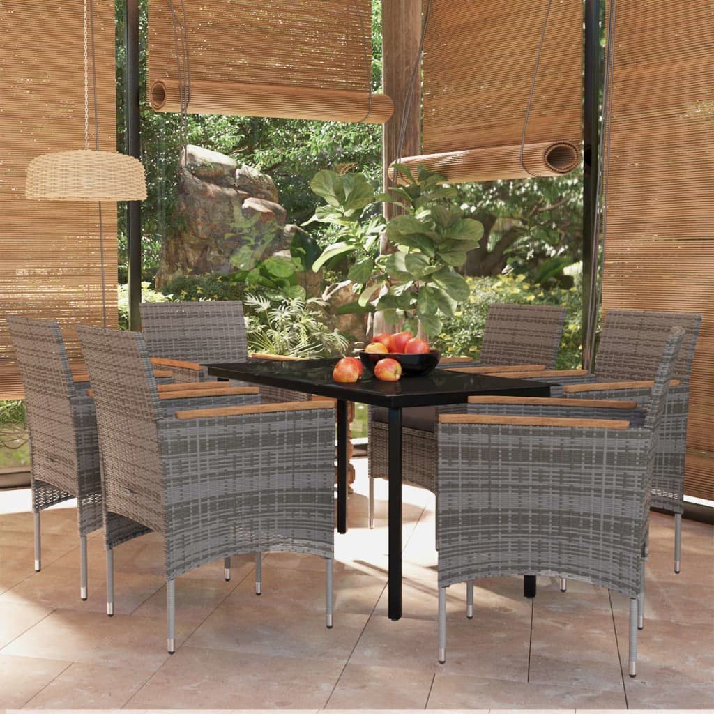 vidaXL 7-Piece Patio Dining Set - Gray/Black - PE Rattan, Powder-Coated Steel, Acacia Wood, Glass Tabletop - Outdoor/Garden/Deck Seating