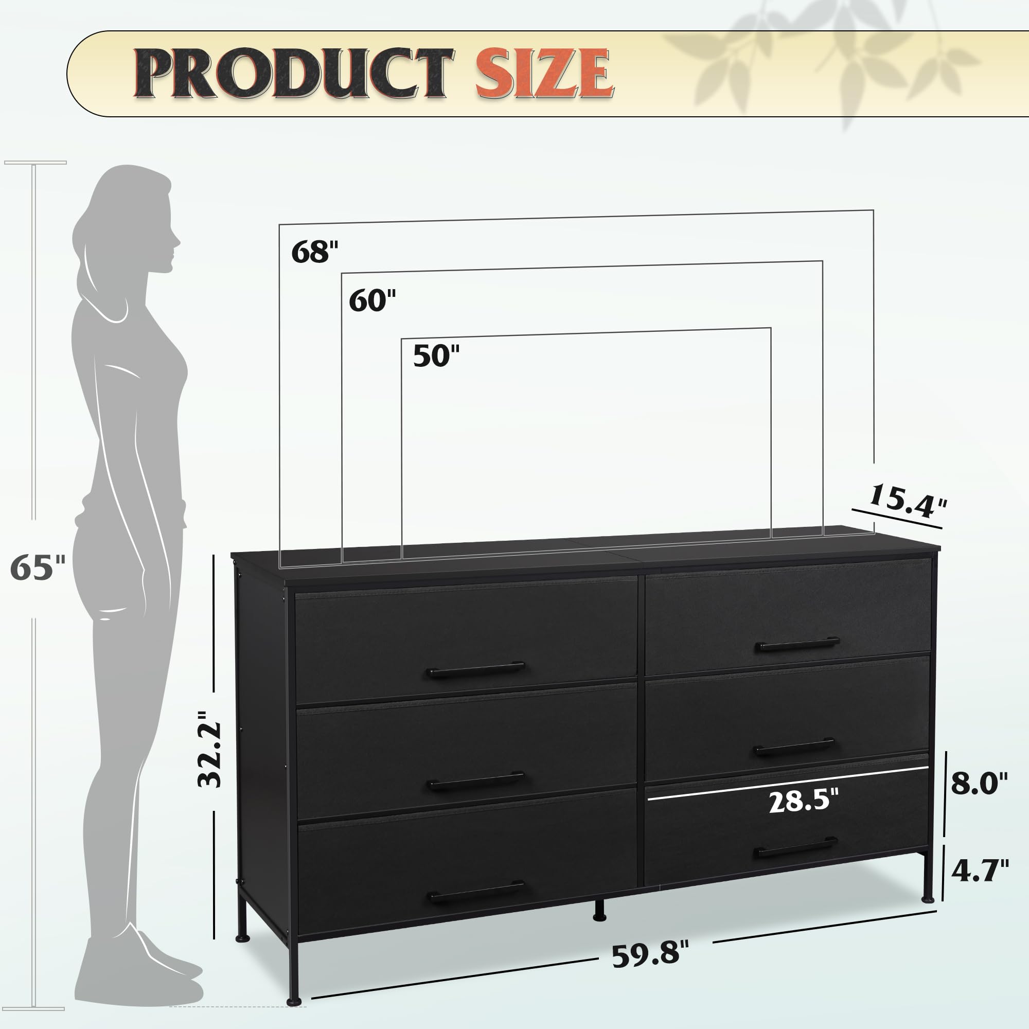 Wlive Wide Fabric Dresser, 6 Drawer Dresser Tv Stand For 68' Tv, Dressers Bedroom Furniture Large Storage Tower Unit With Fabric Bins, White Dresser For Bedroom, Closet, Hallway, Black