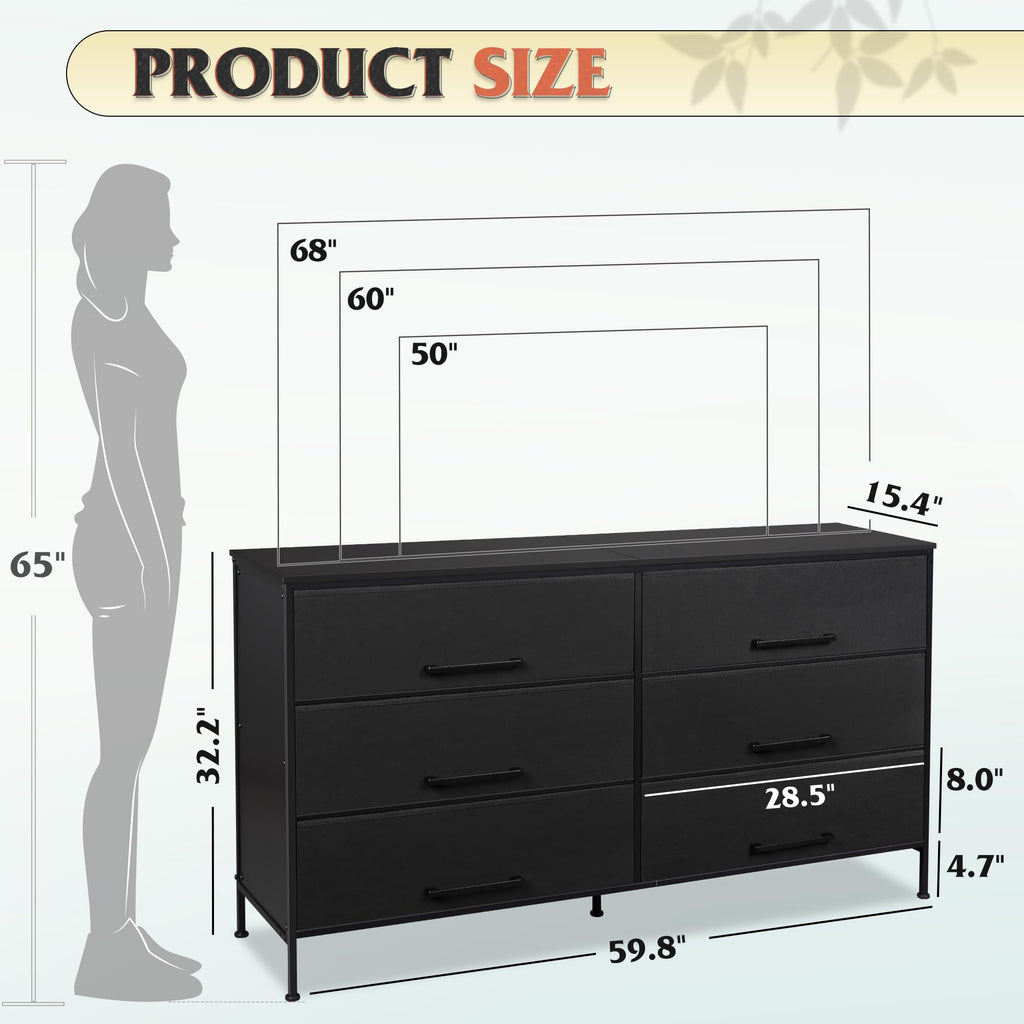 Wlive Wide Fabric Dresser, 6 Drawer Dresser Tv Stand For 68' Tv, Dressers Bedroom Furniture Large Storage Tower Unit With Fabric Bins, White Dresser For Bedroom, Closet, Hallway, Black