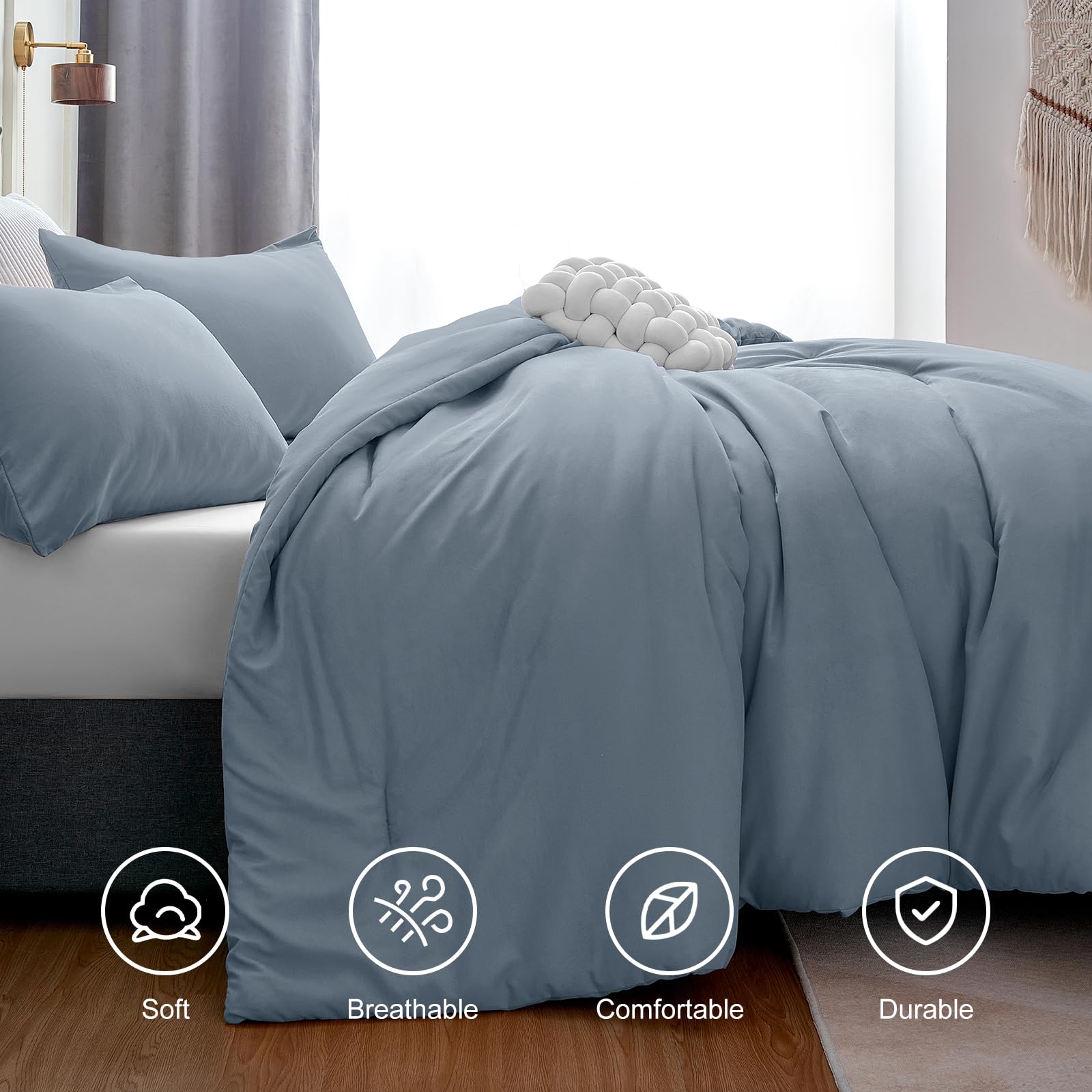 Cozylux Grayish Blue Comforter Set Queen Size, 3 Pieces Solid Breathable Quilted Boho Style Bedding Sets, Luxury Fluffy Soft Microfiber Comforter For All Season(1 Comforter & 2 Pillowcases)