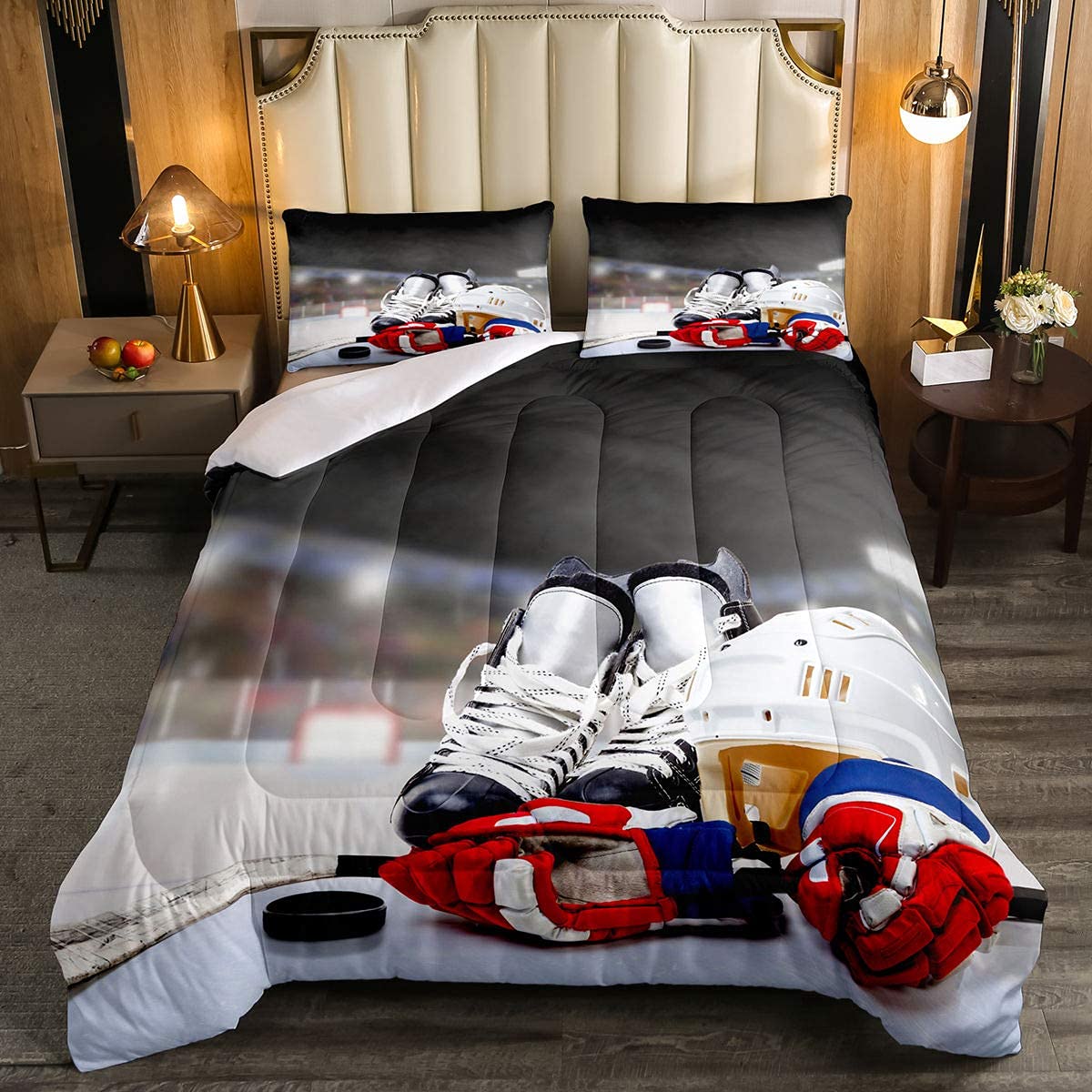 Erosebridal Ice Hockey Comforter Set Full, Hockey Player Down Comforter For Kids Boys Girls Teens Juvenile, Sports Game Duvet Se