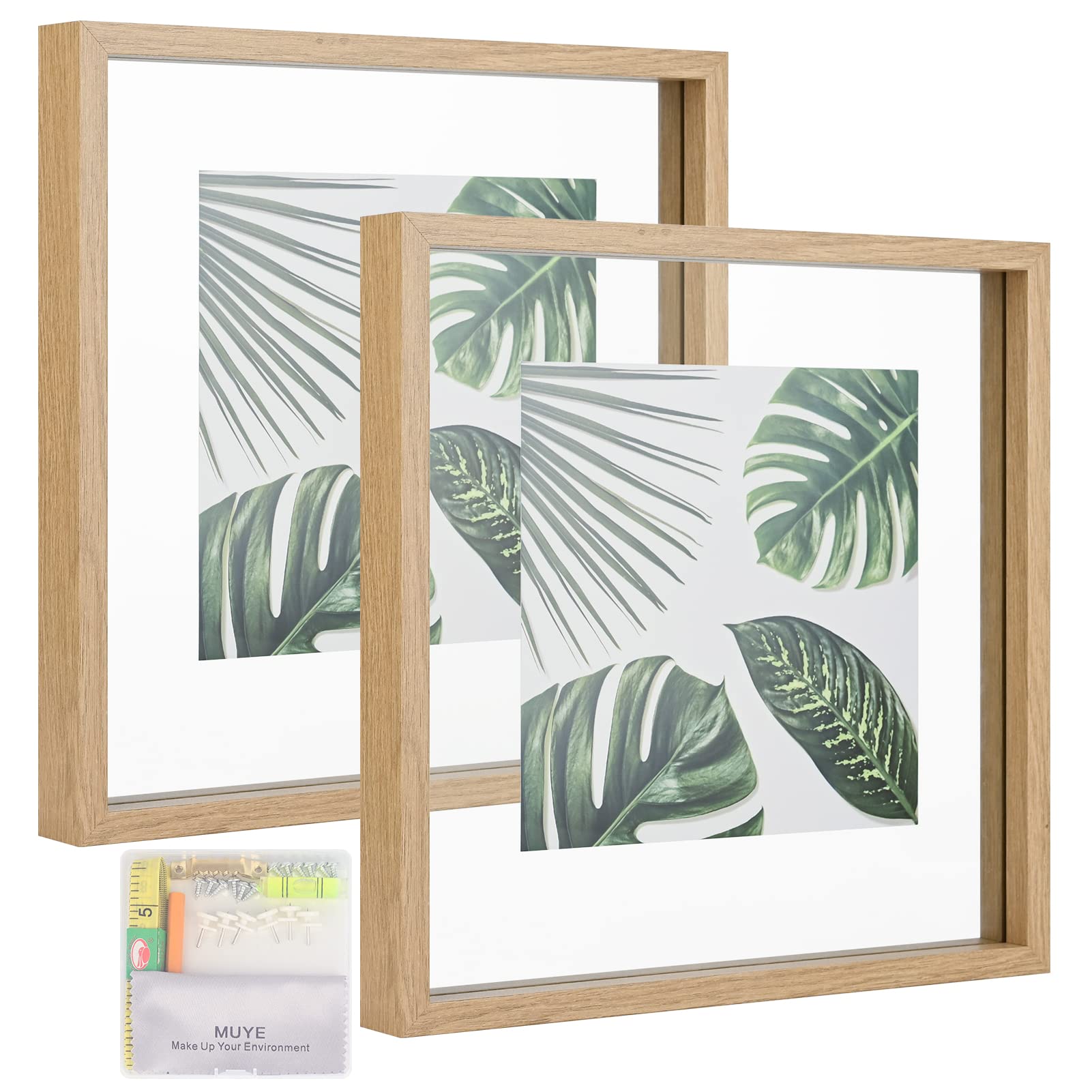 MUYE 12x12 Floating Frame Set of 2,Double Glass Rustic Square Photo Frame,Display Any Size Photo up to 12x12,Wall Mount or Table