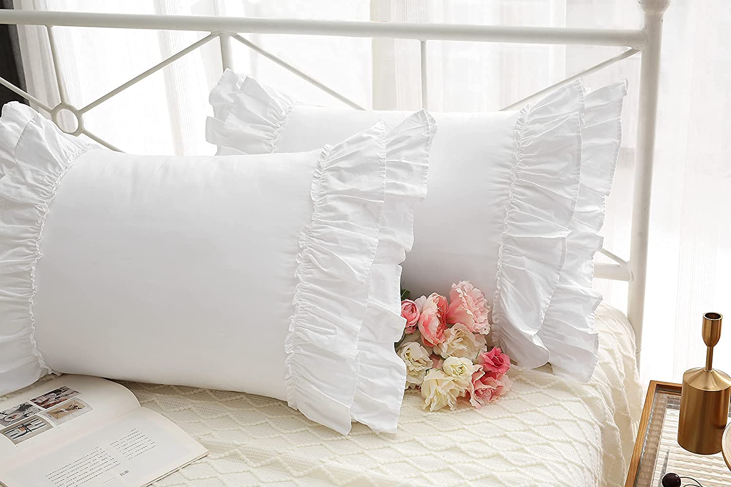 Meaning4 White Ruffled Pillow Shams King Size Pillowcases Pure Cotton Pillow Covers 20'X36' 2-Pack