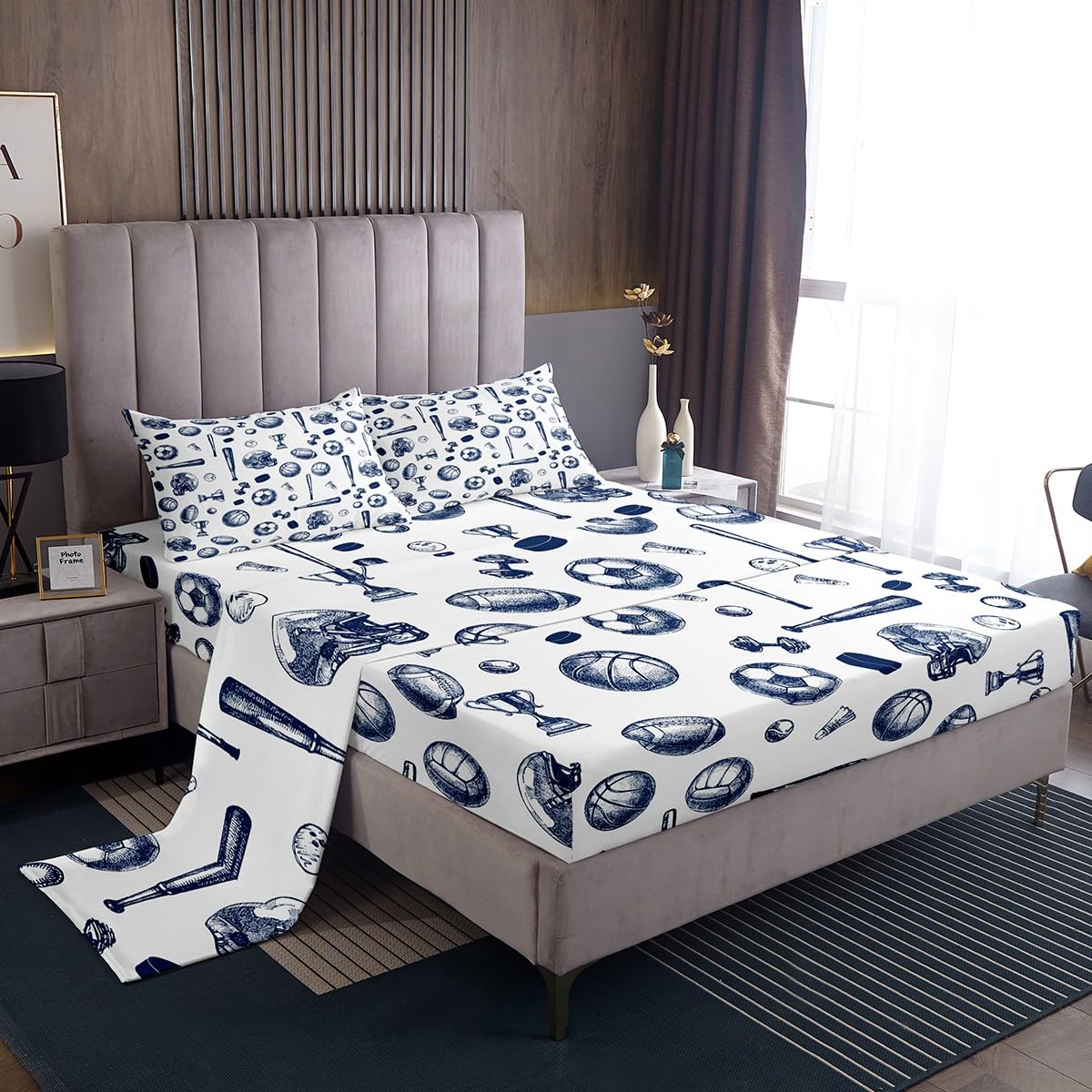 Kids Sports Bedding Set Full Size Soft Baseball Football Soccer Themed Bed Sheets for Teens and Children Ball Flat and Fitted Sh