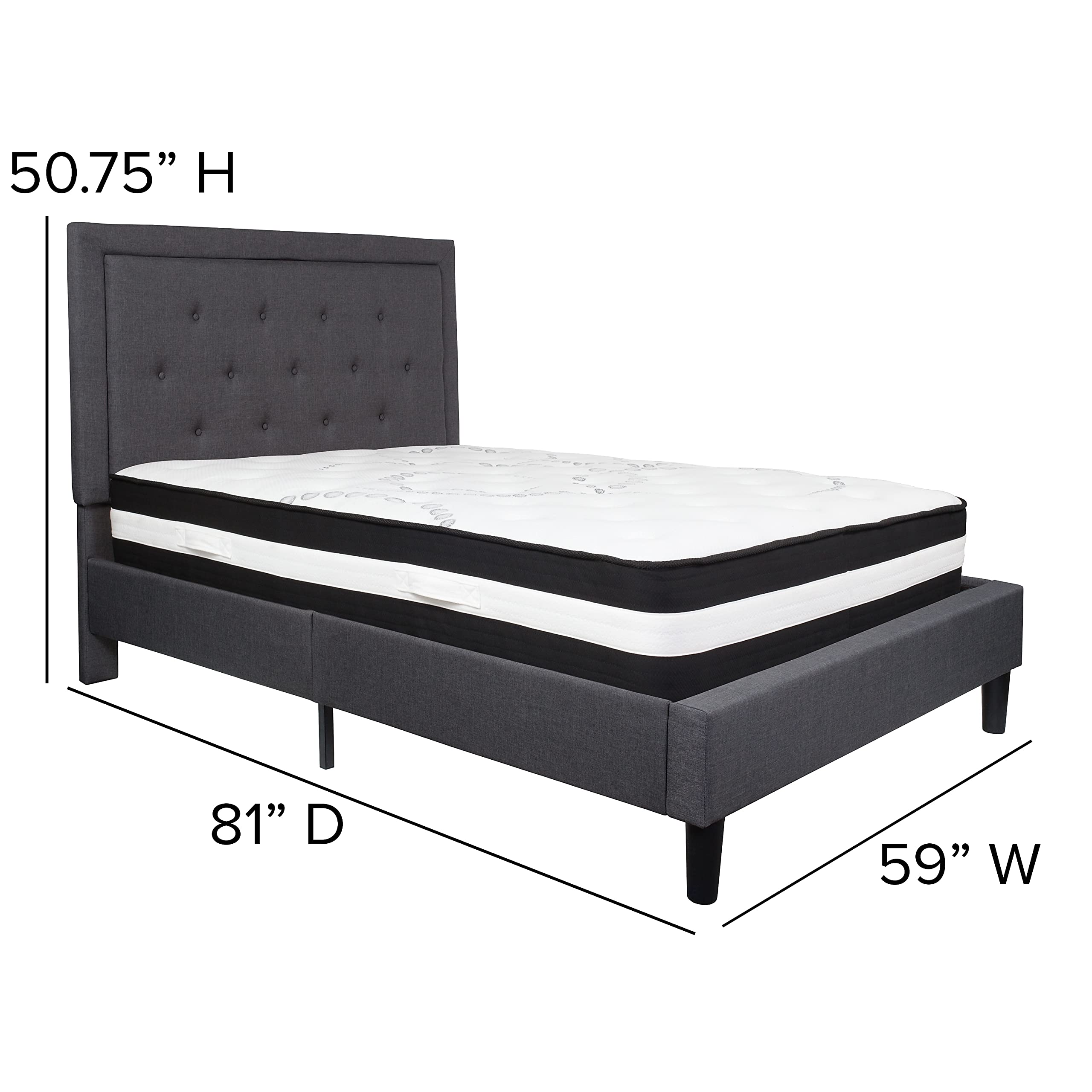 Flash Furniture Roxbury Full Size Tufted Upholstered Platform Bed In Dark Gray Fabric With Pocket Spring Mattress