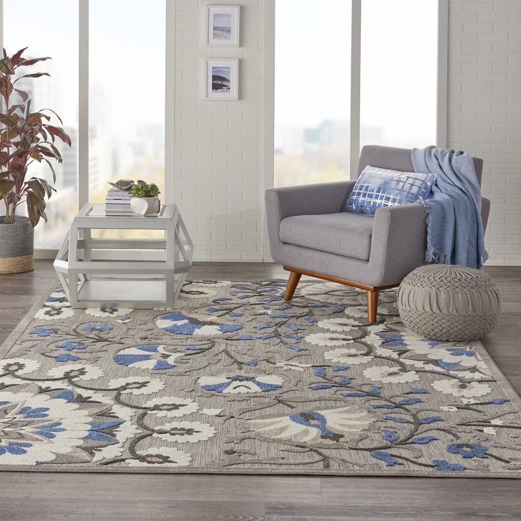 HomeRoots Grey/Multi 100% Polypropylene 8’ x 11’ Gray and Blue Vines Indoor Outdoor Area Rug