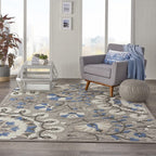 HomeRoots Grey/Multi 100% Polypropylene 8’ x 11’ Gray and Blue Vines Indoor Outdoor Area Rug