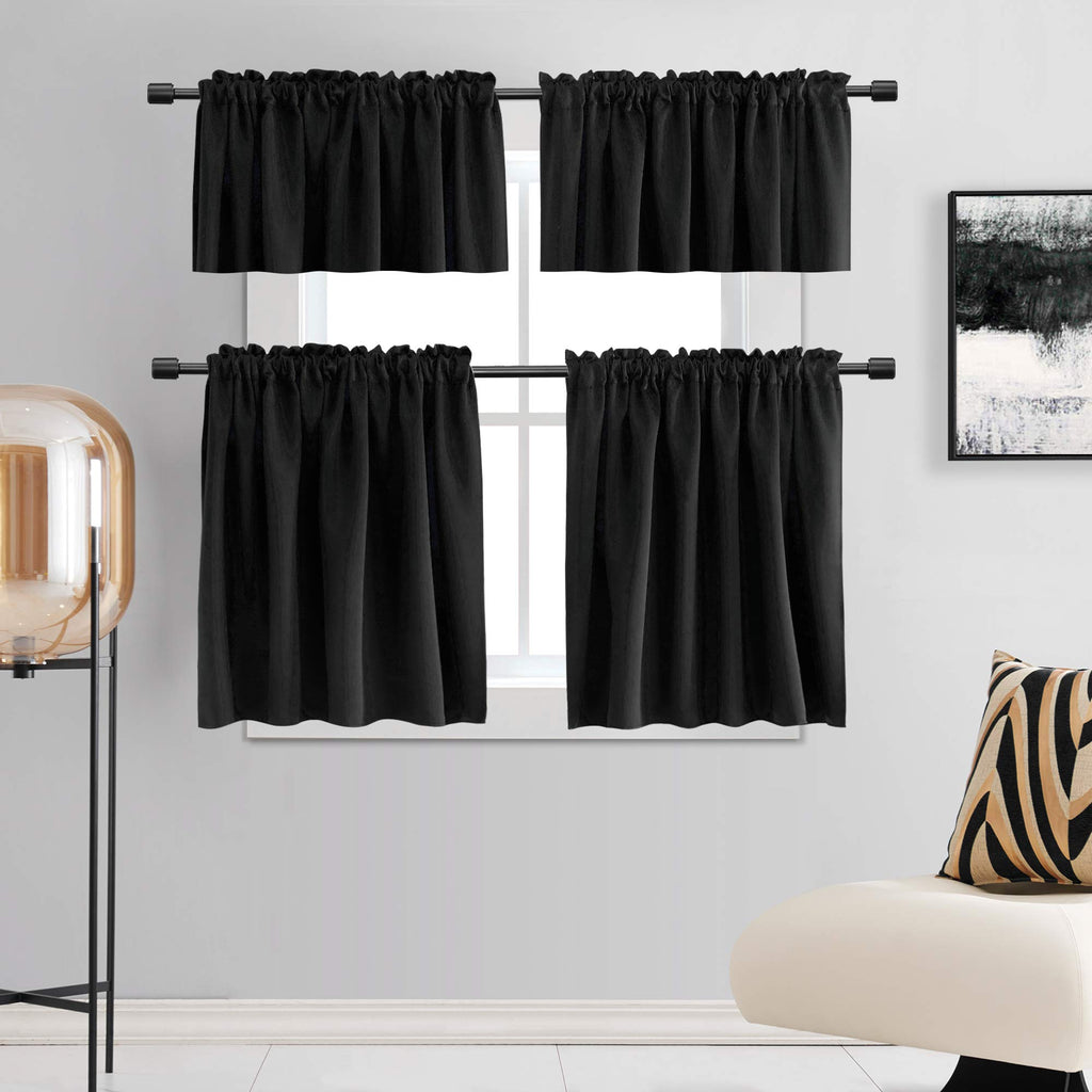 Donren 16 Inches Long Black Valances For Windows - 2 Panels Blackout Theme Insulated Valances For Basement,52 Inches Wide Kitche