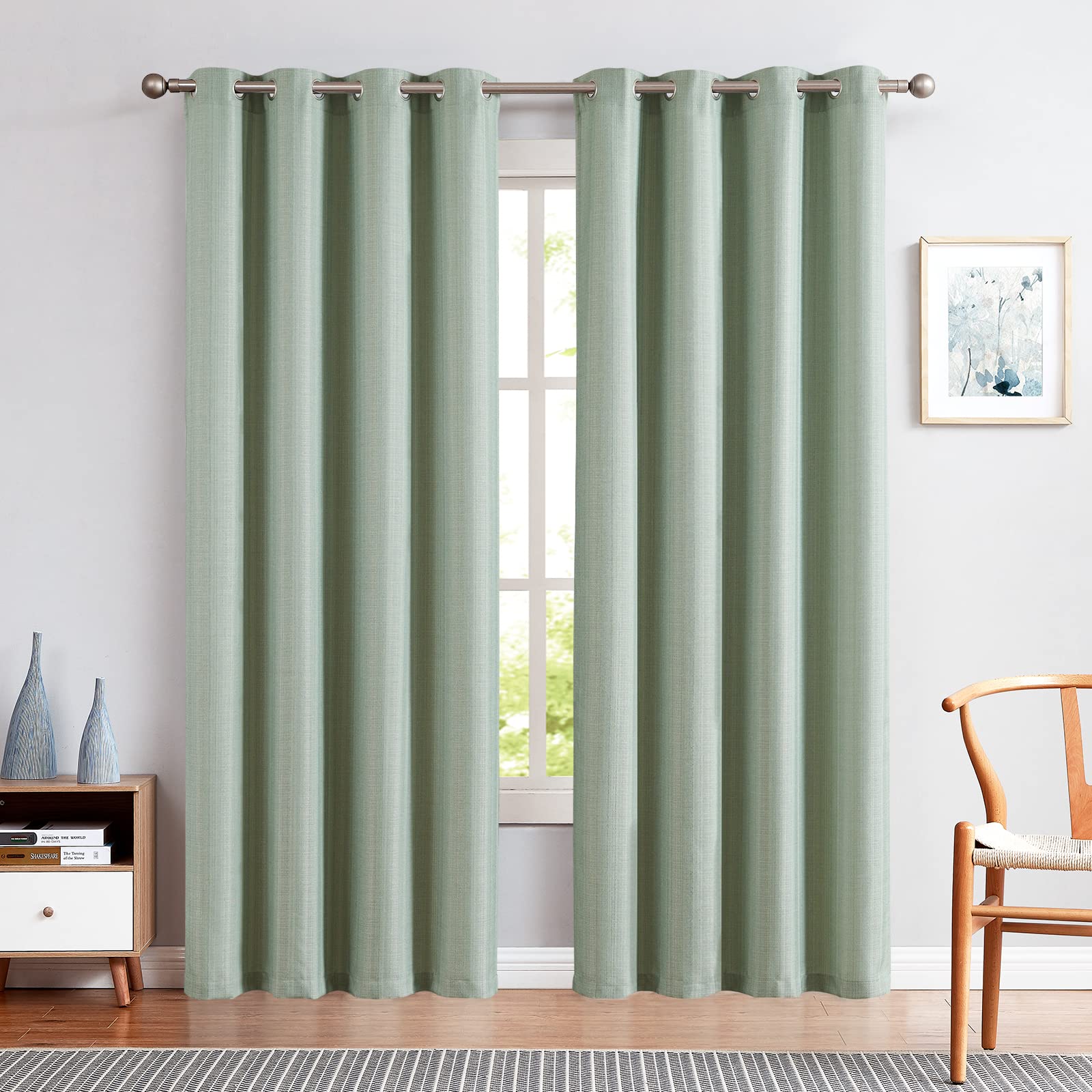 Jinchan Linen Textured Curtains 96 Inches Long Curtains For Living Room Heathered Green Curtains Grommet Top Light Filtering Dra
