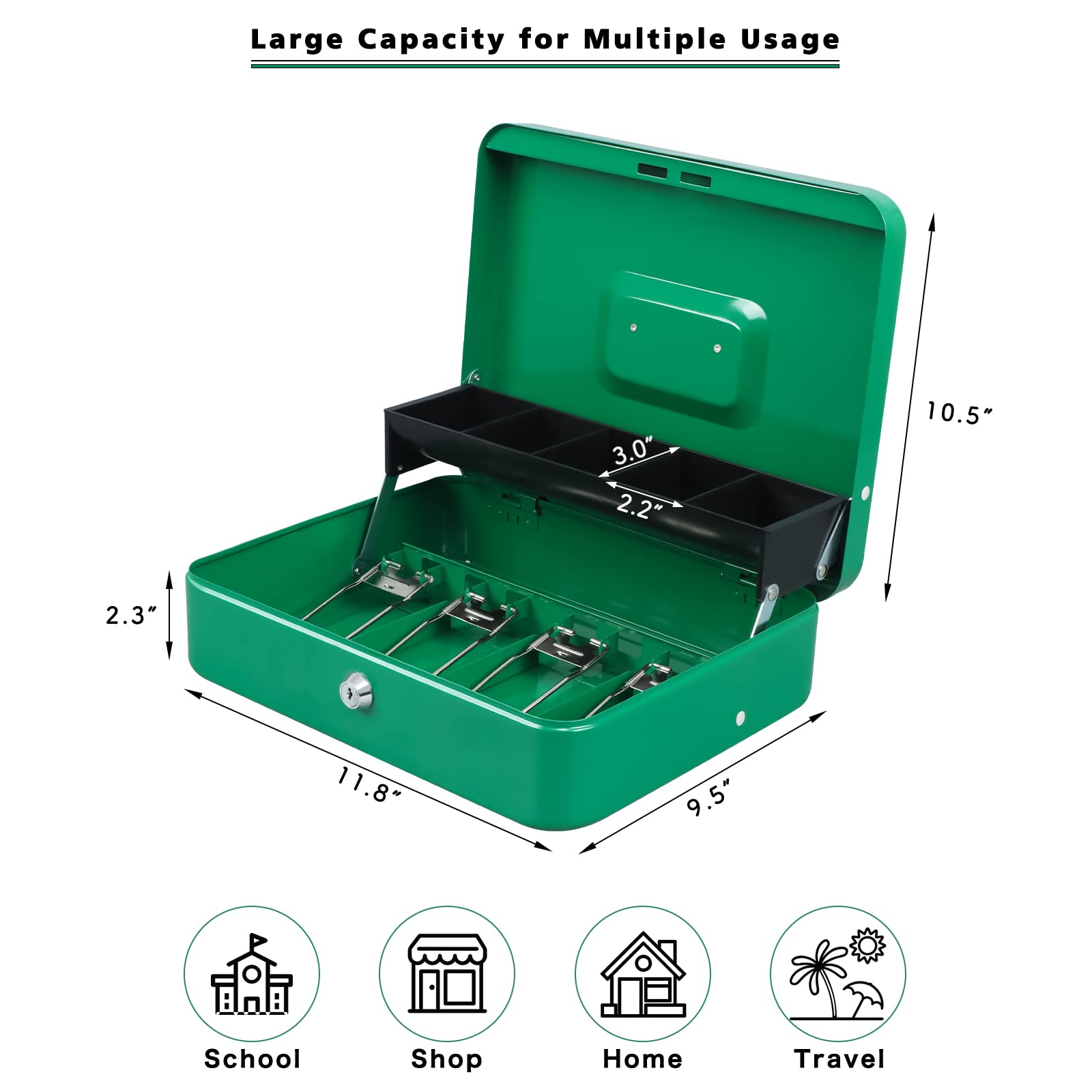Xydled Cash Box With Money Tray And Key Lock,Tiered,4 Bill / 5 Coin Slots,11.8' X 9.5' X 3.5',Green