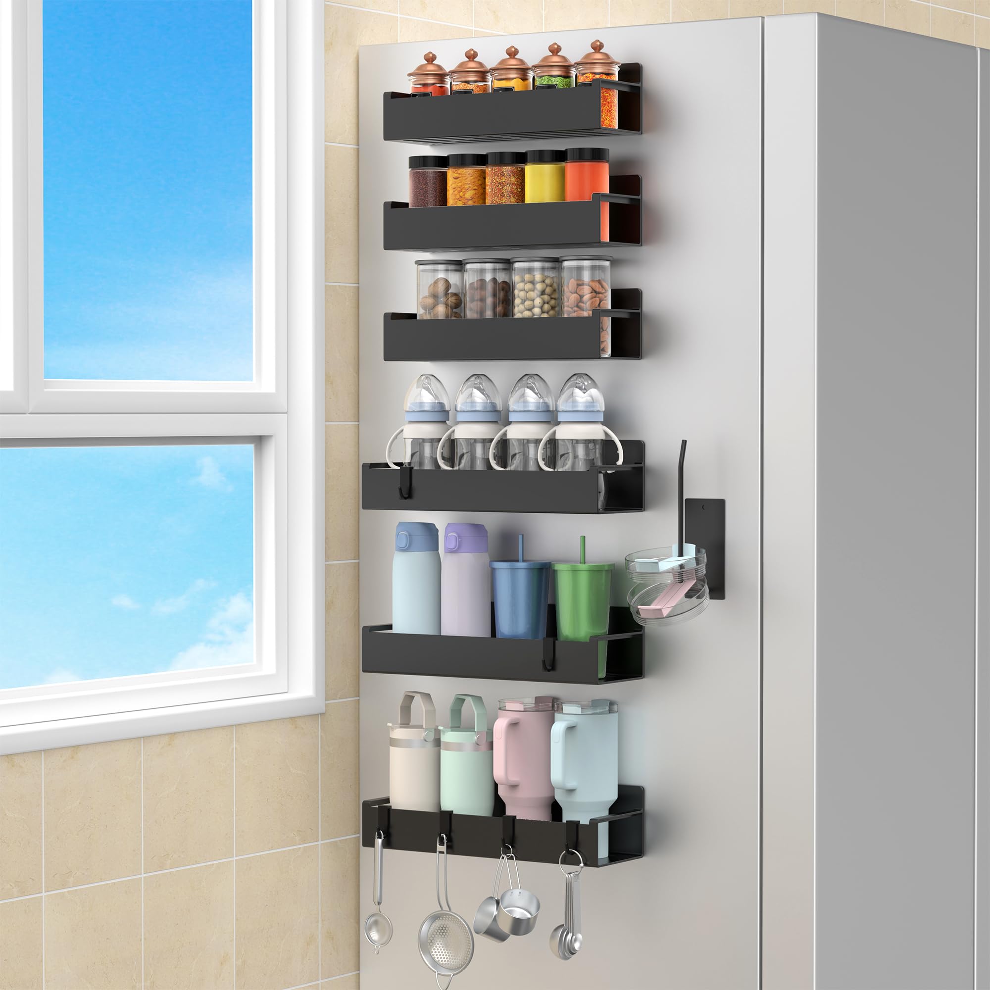 HuggieGems Magnetic Water Bottle Holder for Refrigerator, Cup Holder Organizer for Stanley and Tumbler for Kitchen, 6 Pack, Blac