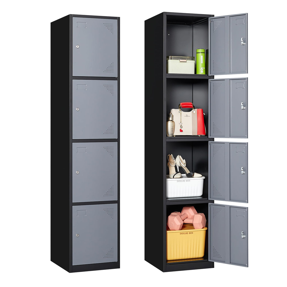 Anxxsu Metal Locker With 4 Doors, 4 Tier Steel Storage Lockers For School, Home, Office, Gym (Black Grey)