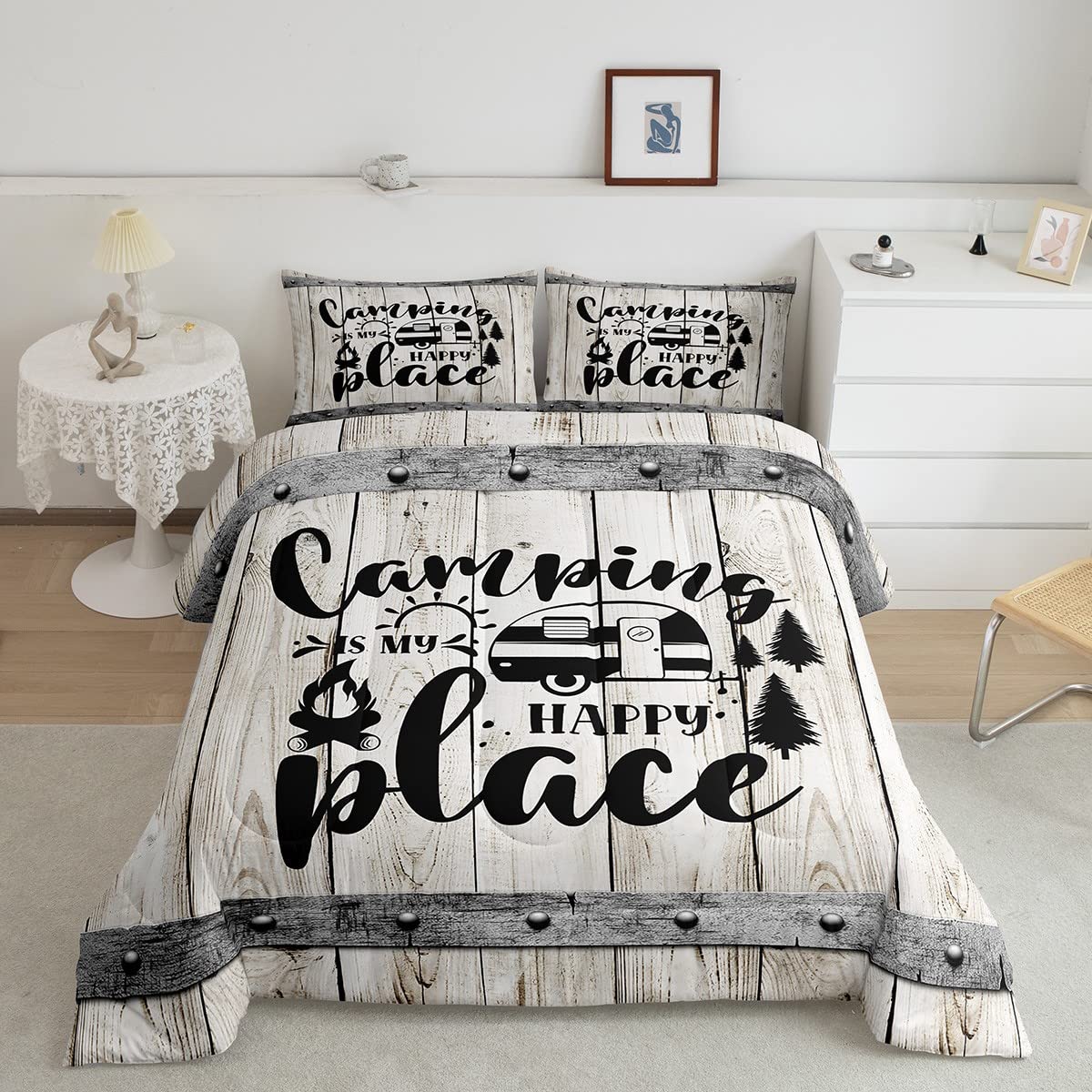 Happy Camping Comforter Set Queen Size,Wooden Plank Pine Trees Rustic Farmhouse Bedding Set 3Pcs For Kids Boys Girls Adults,Camp