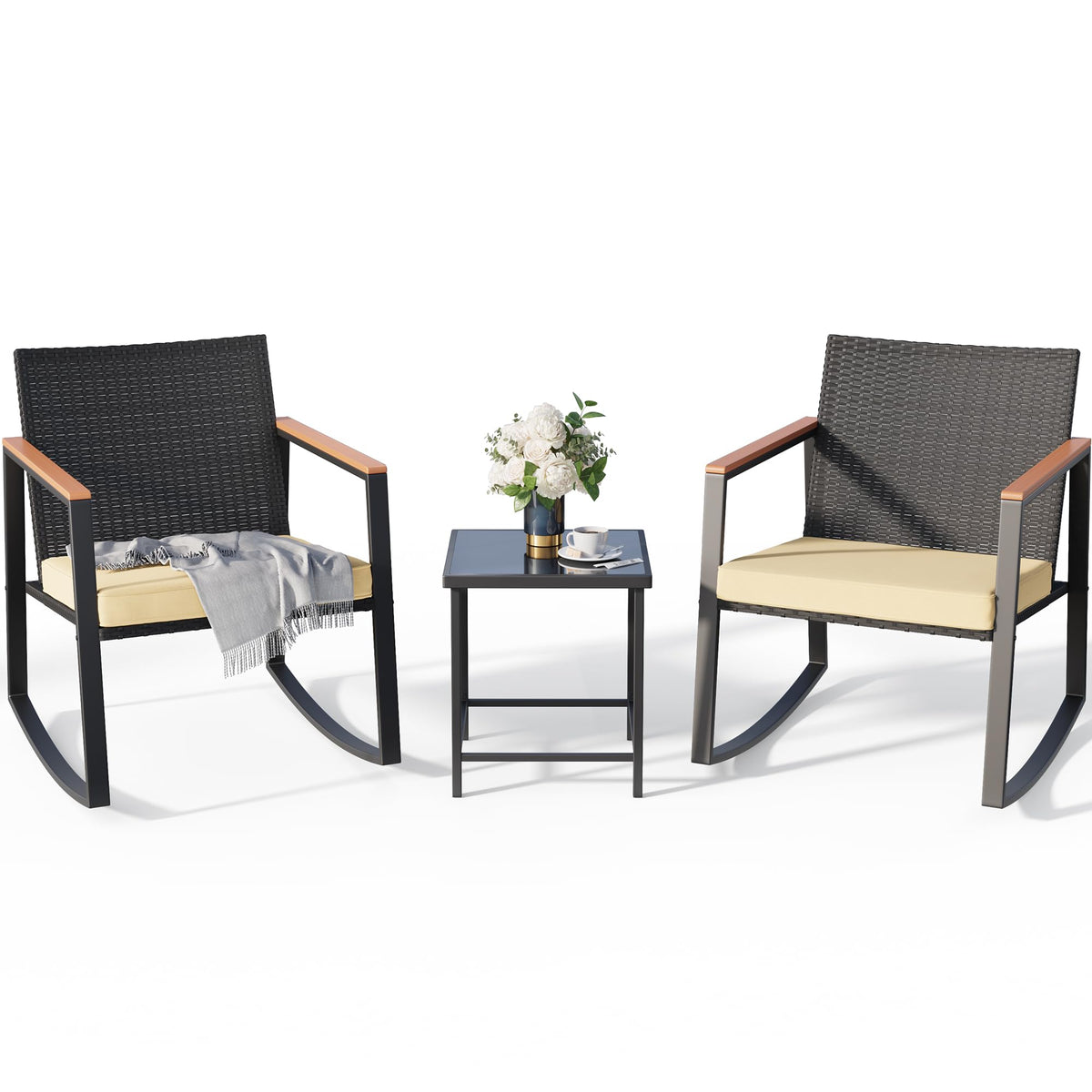 Gizoon 3 Pieces Rocking Patio Bistro Set With Anti-Scald Armrest, Outdoor Patio Wicker Furniture Set With Glass Table And Cushion For Garden, Yard, Porch