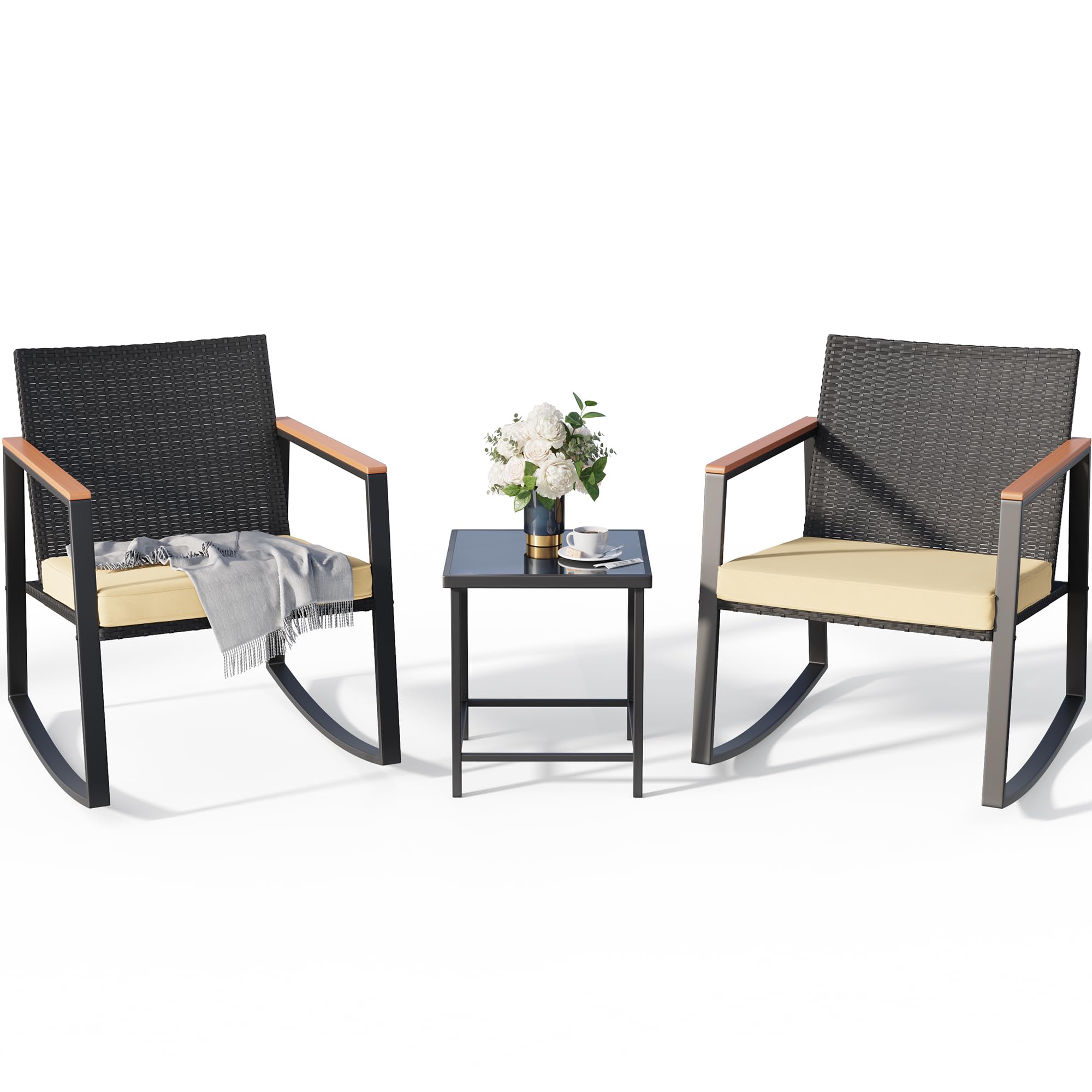 Gizoon 3 Pieces Rocking Patio Bistro Set With Anti-Scald Armrest, Outdoor Patio Wicker Furniture Set With Glass Table And Cushion For Garden, Yard, Porch