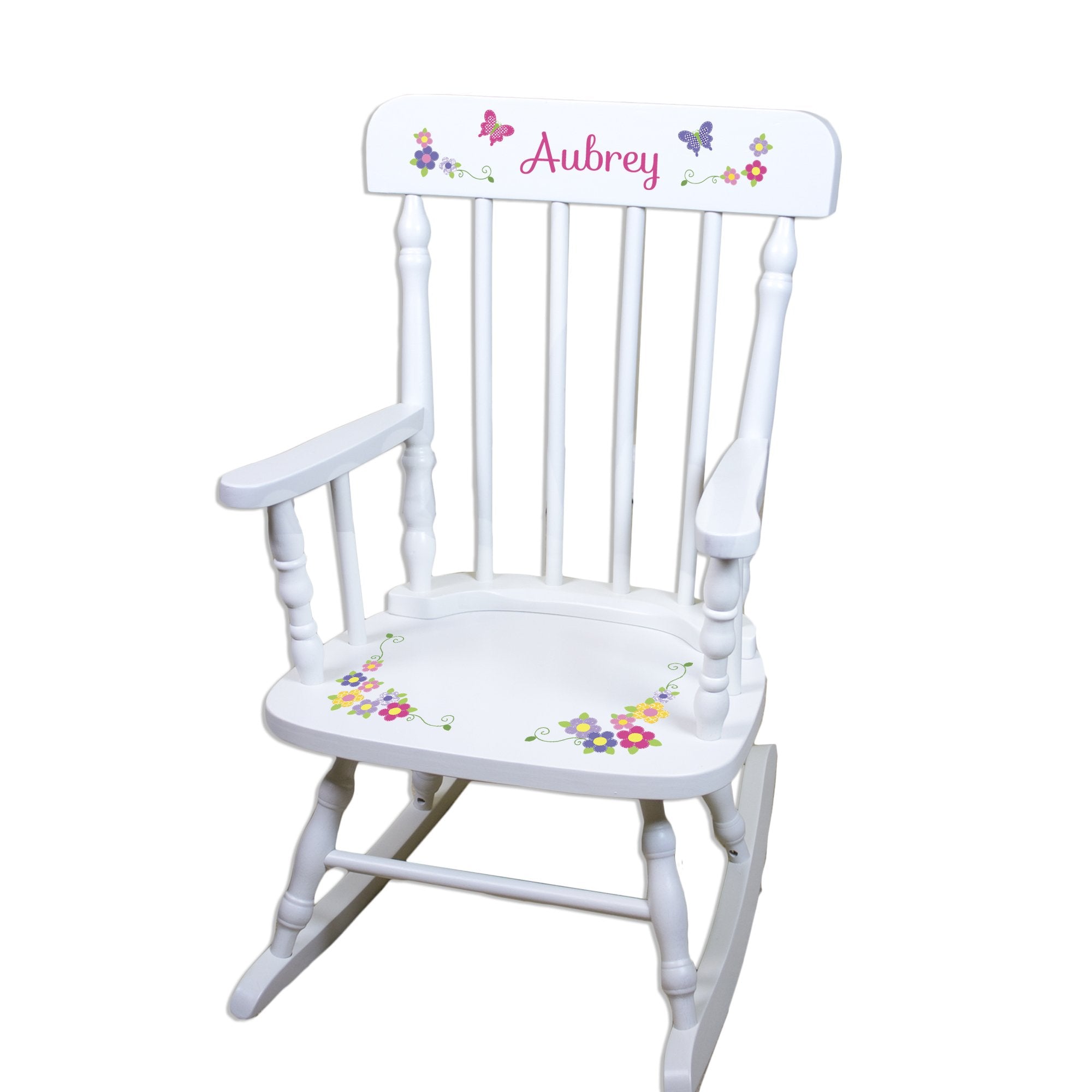 My Bambino Girls Personalized White Wood Rocking Chair Toddler Baby Gift (Bright Butterfly Garland)