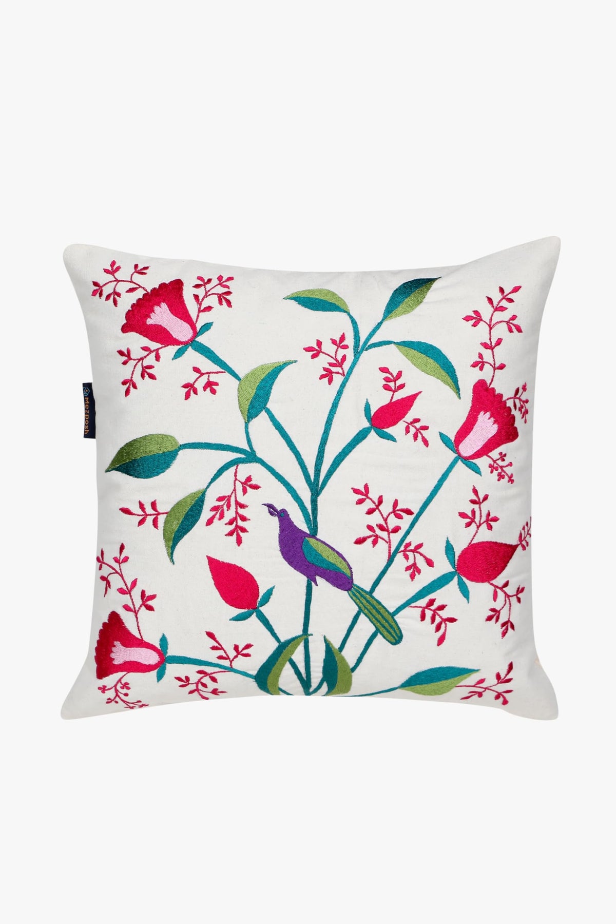 Mezposh Natural, Pink & Green Quirky Embroidered Cotton Canvas Cushion Cover (16X16)