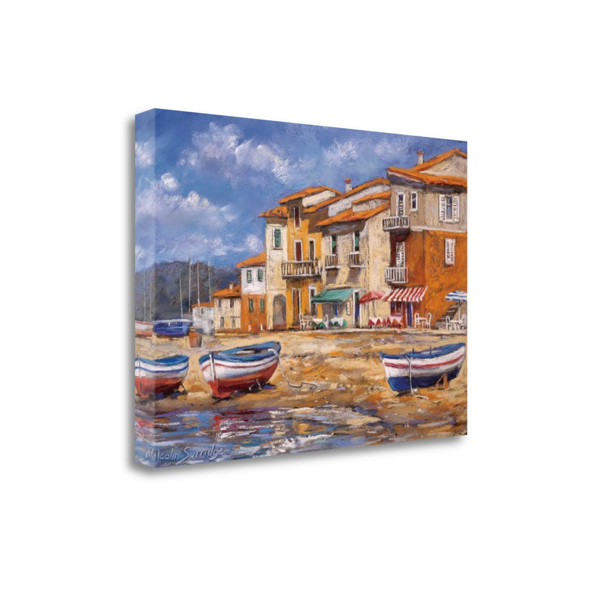 24' Boats Docked Near Cafes Bright Sunny Day Giclee Wrap Canvas Wall Art