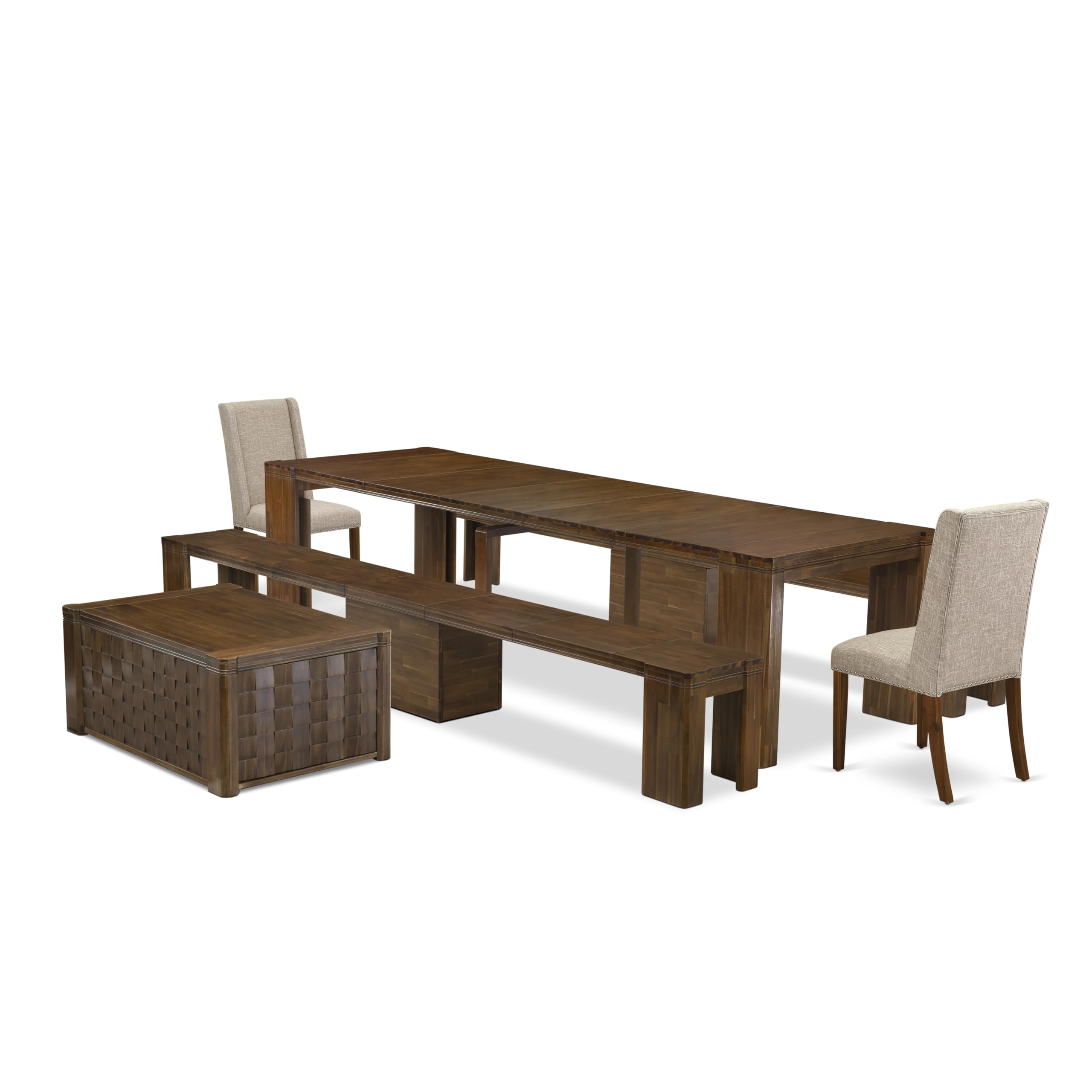 Luxe by East West Furniture - X02FL-2C8-04 - 6pc Mid Century Dining Table Set contains an Extendable Rectangle Kitchen Table, 1 Coffee Table, 2 Dining Chairs and 2 Benches, 39x120 Inch, Antique Walnut