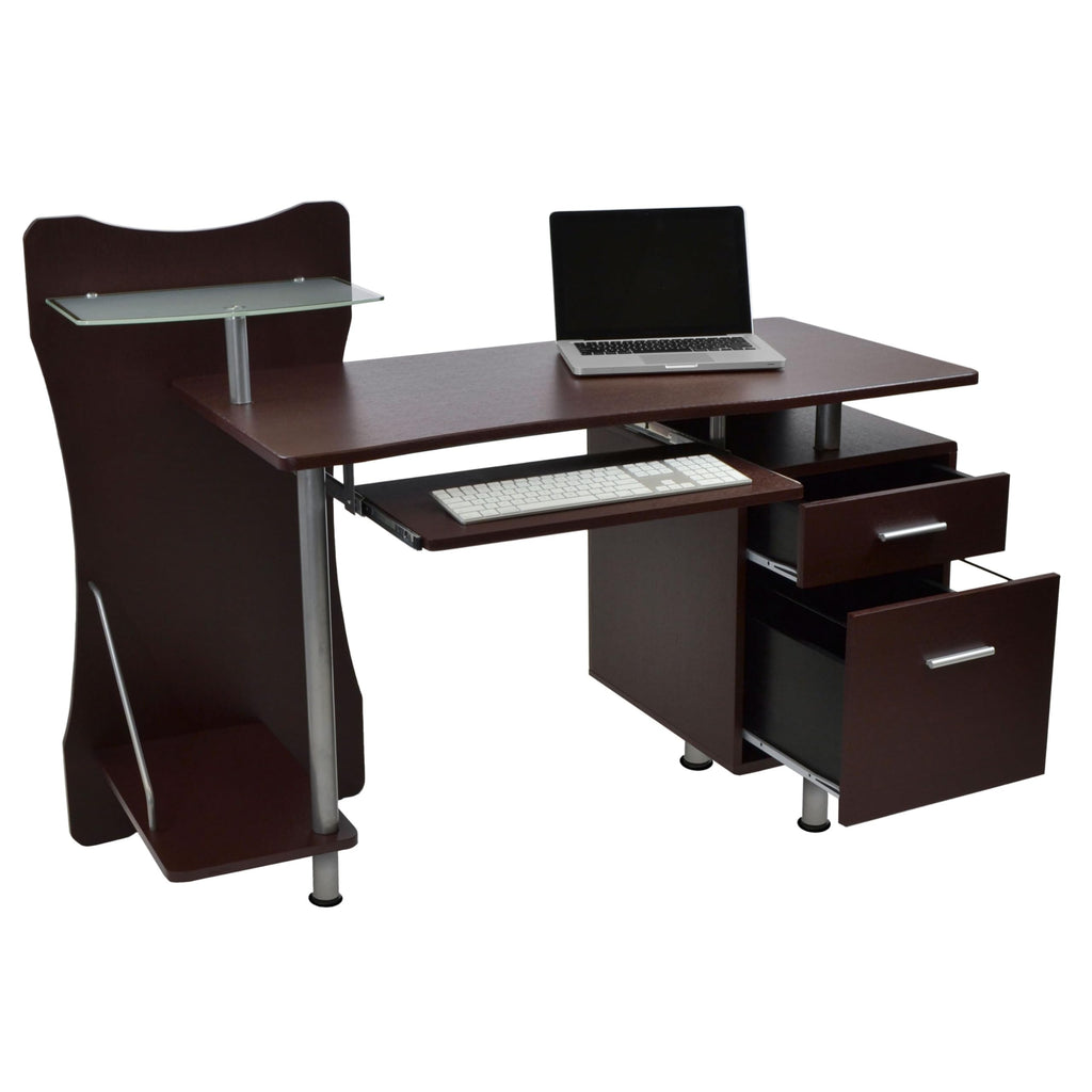 51'' Computer Desk With File Cabinet And Glass Printer Shelf, Stylish Office Desk With Shelves, Drawer, Keyboard Tray, And Floating Desktop, Computer Workstation, Chocolate Brown