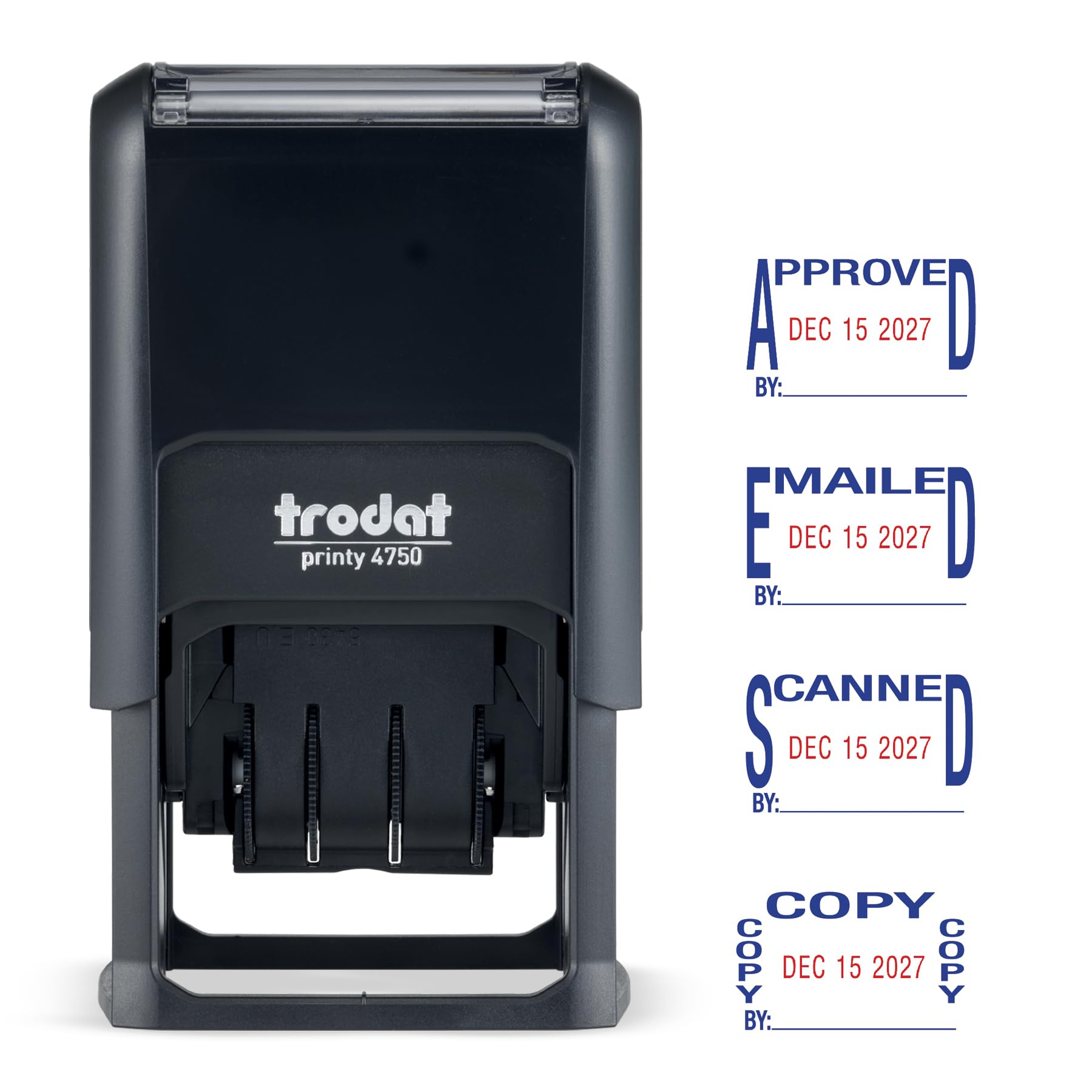 Trodat Printy 4750 Self Inking Date Stamp With Approved, Copy, Emailed, Scanned - Blue And Red Ink, 1' X 1-5/8'