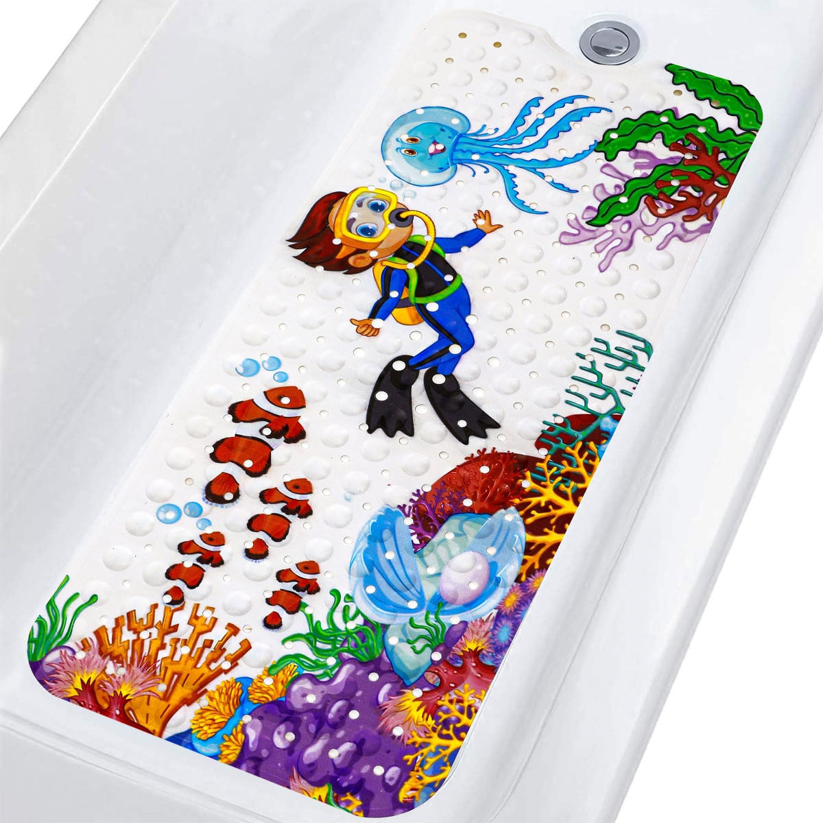 Topotdor Baby Bath Mat for Tub for Kids, 40 X 16 Inch Extra Long Toddler Bathtub Mat Non Slip, Machine Washable Bathroom Cartoon